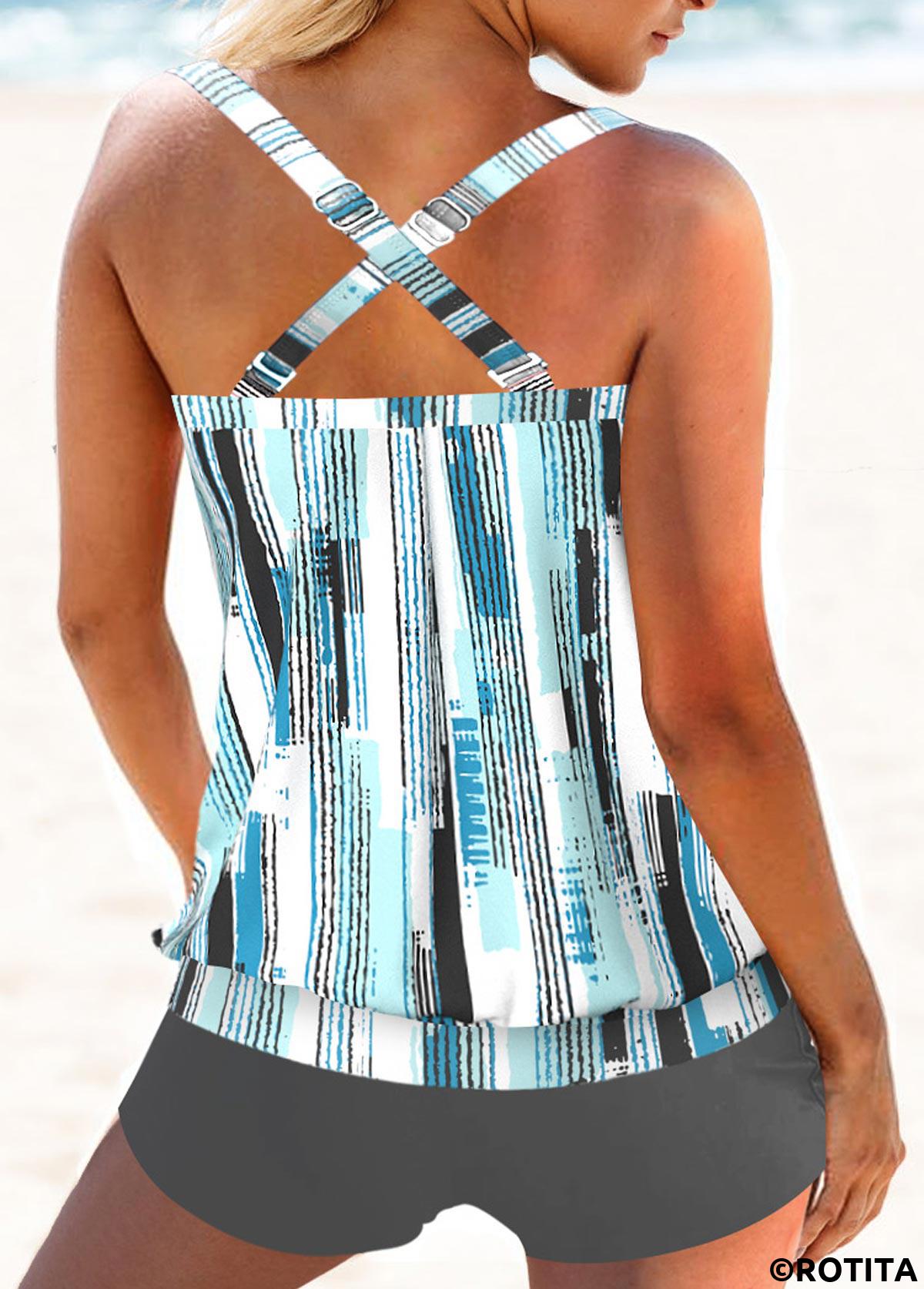 Grey swimwear,Blue swimwear,Geometric swimwear,Striped swimwear,ROTITA Patchwork Grey Geometric Print Mid Waisted Tankini Set