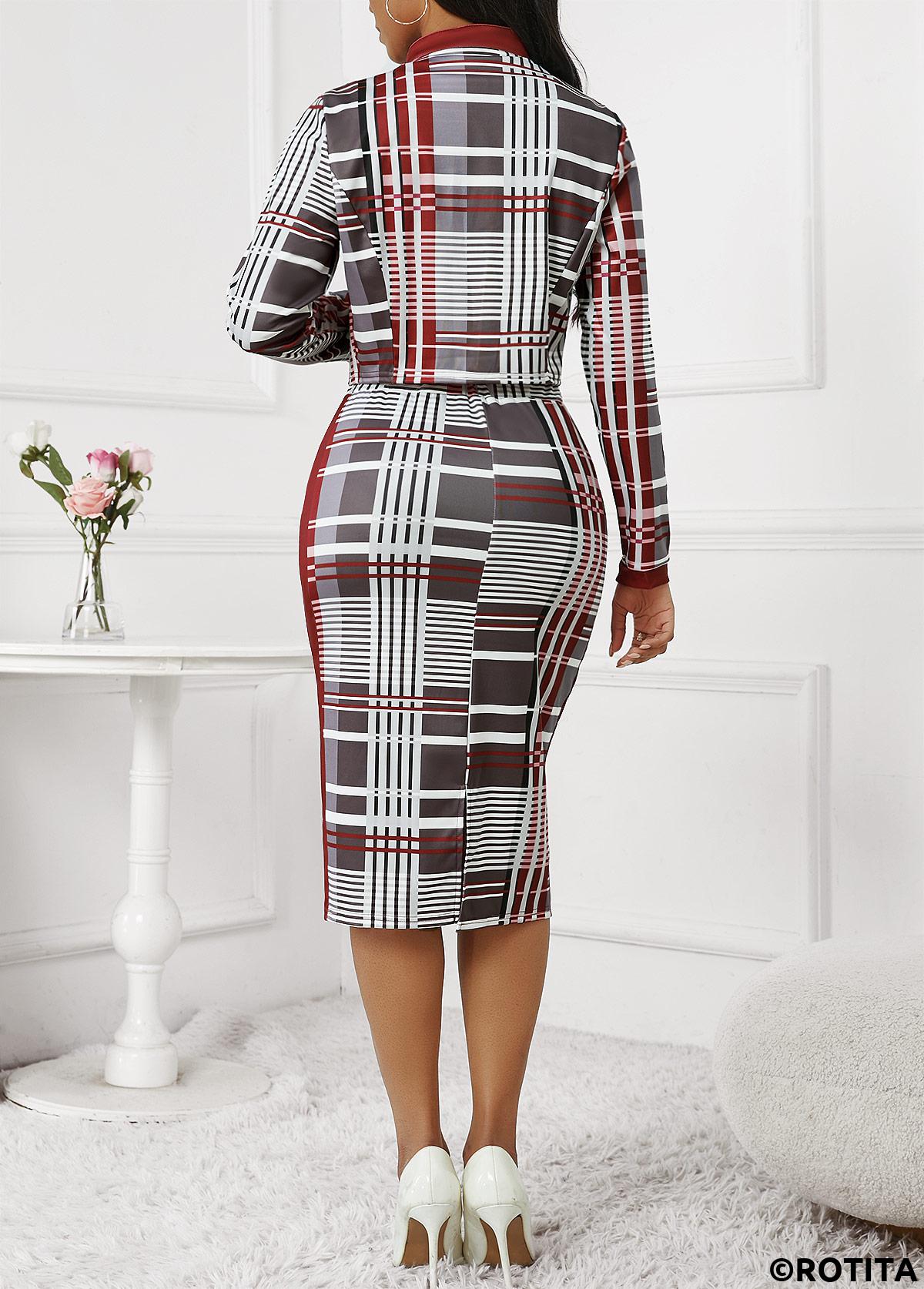 Deep Red dresses,White dresses,Plaid dresses,Striped dresses,Geometric dresses,Party dresses,Elegant dresses,Split Plaid Deep Red Bodycon Top and Skirt
