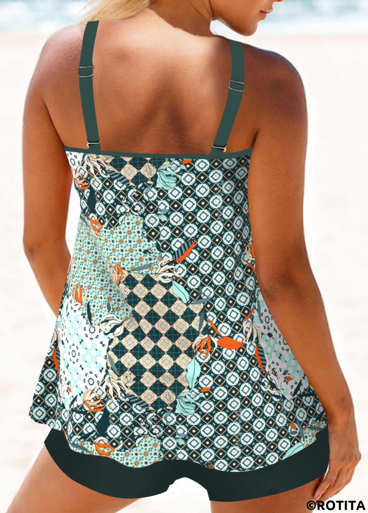 Green swimwear,Tribal swimwear,Plaid swimwear,Striped swimwear,Geometric swimwear,ROTITA Circular Ring Green Tribal Print Mid Waisted Tankini Set