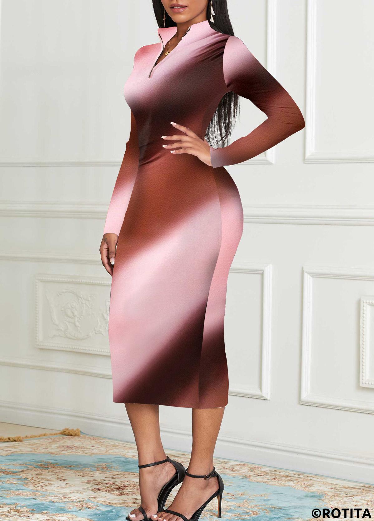 Pink dresses,Dark Coffee dresses,Ombre dresses,Party dresses,Elegant dresses,ROTITA Zipper Ombre Pink Stand Collar Long Sleeve Bodycon Dress