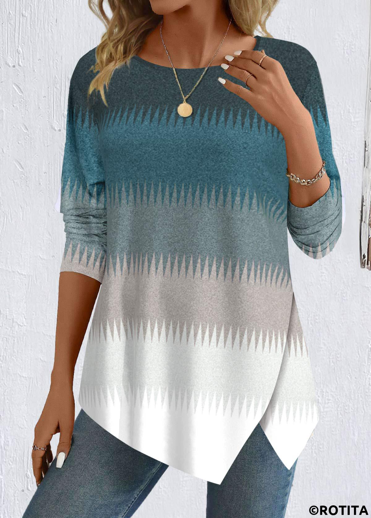 Peacock Blue tops,Grey tops,Striped tops,Geometric tops,ROTITA Patchwork Striped Peacock Blue Round Neck T Shirt