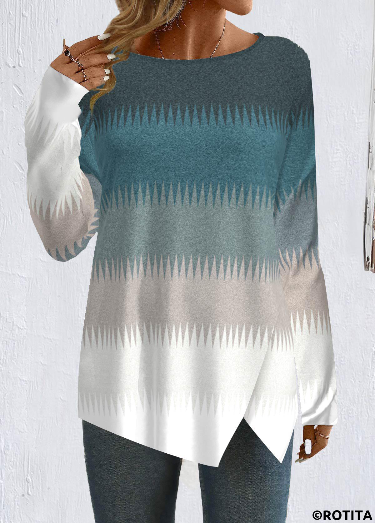Peacock Blue tops,Grey tops,Striped tops,Geometric tops,ROTITA Patchwork Striped Peacock Blue Round Neck T Shirt