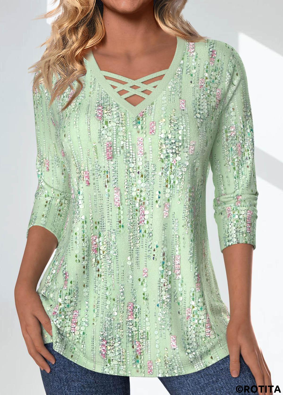 Light Green tops,Geometric tops,Striped tops,Dot tops,ROTITA Criss Cross Geometric Printed Non-sequined Light Green T Shirt
