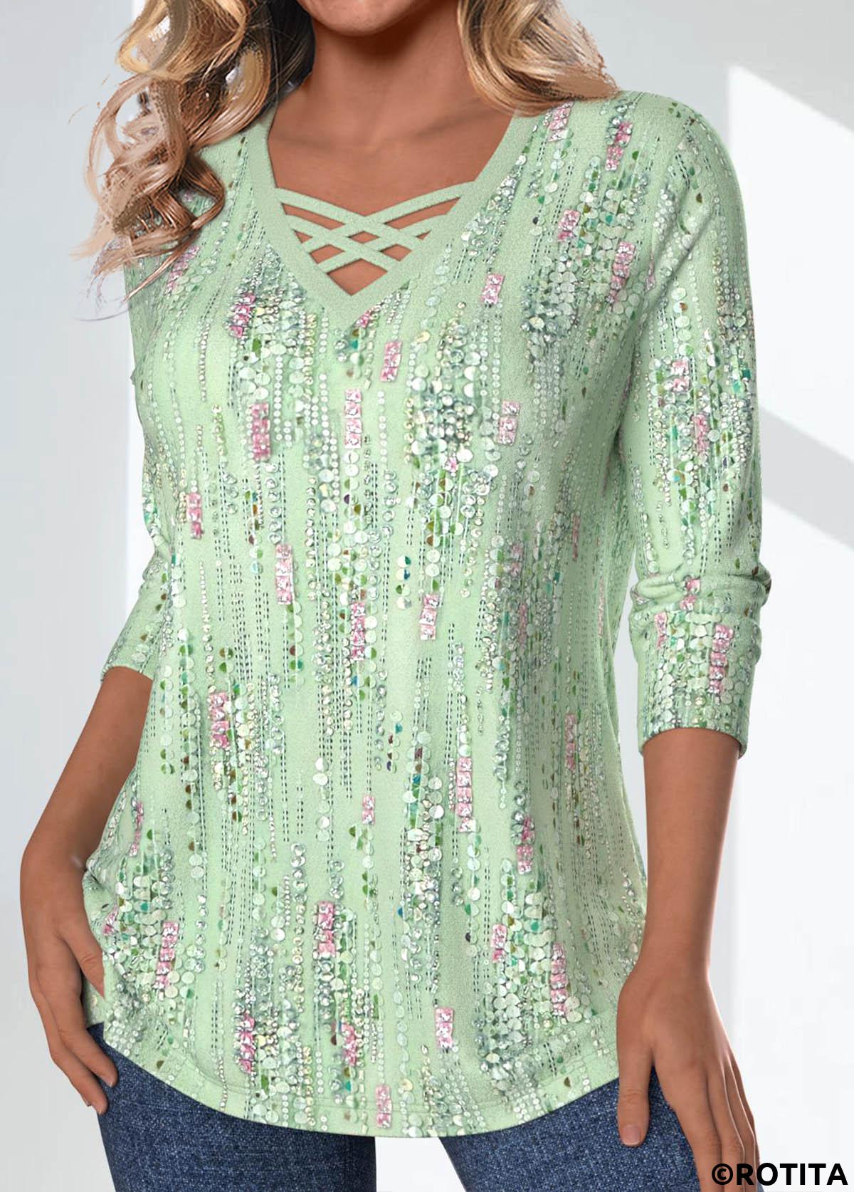 Light Green tops,Geometric tops,Striped tops,Dot tops,ROTITA Criss Cross Geometric Printed Non-sequined Light Green T Shirt