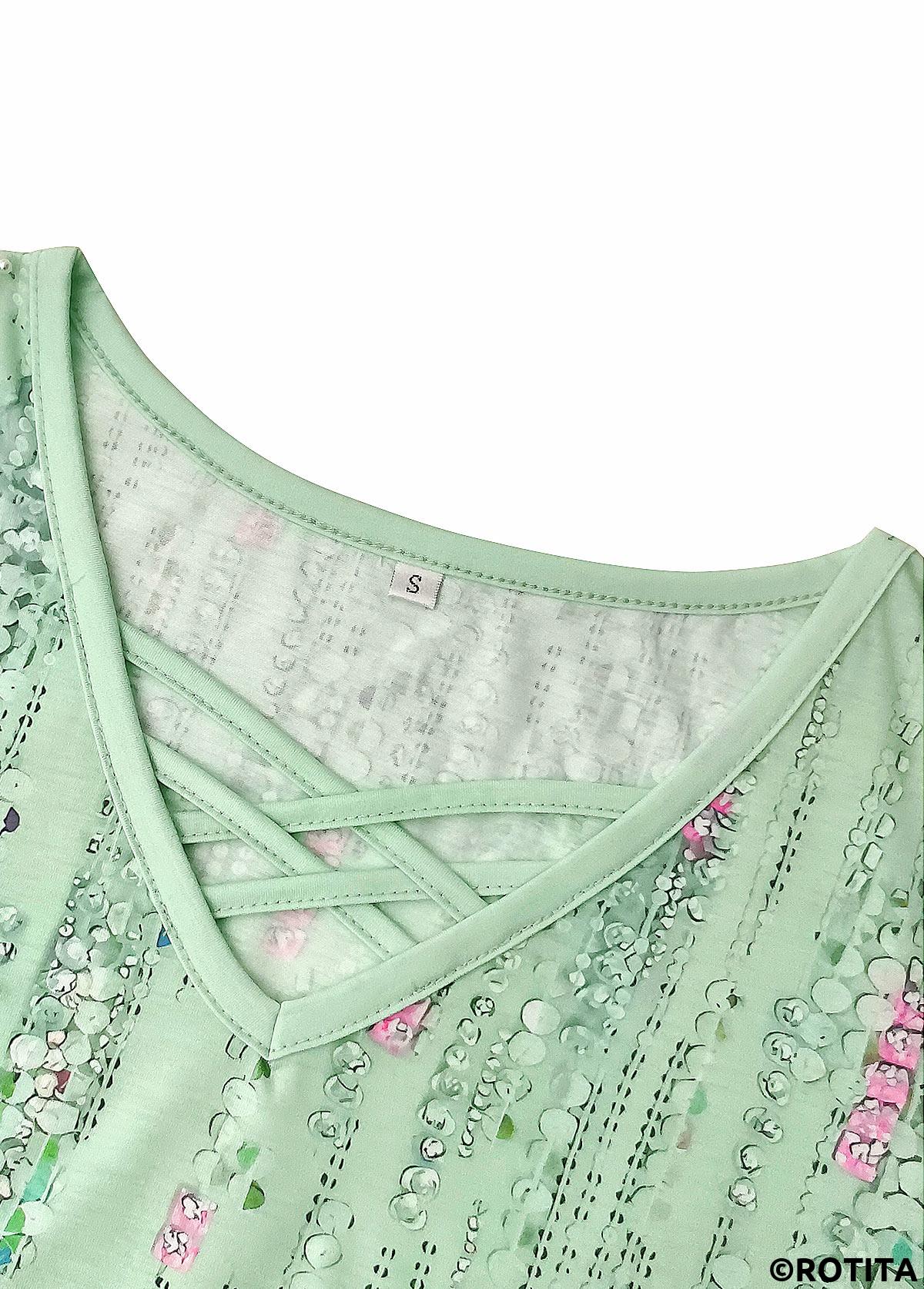Light Green tops,Geometric tops,Striped tops,Dot tops,ROTITA Criss Cross Geometric Printed Non-sequined Light Green T Shirt