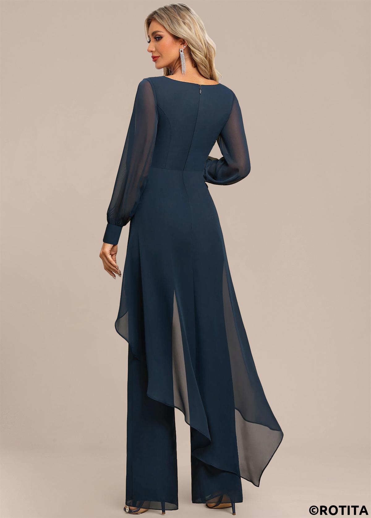 Peacock Blue jumpsuits&rompers,Plain Color jumpsuits&rompers,ROTITA Patchwork Peacock Blue Long Scoop Neck Jumpsuit