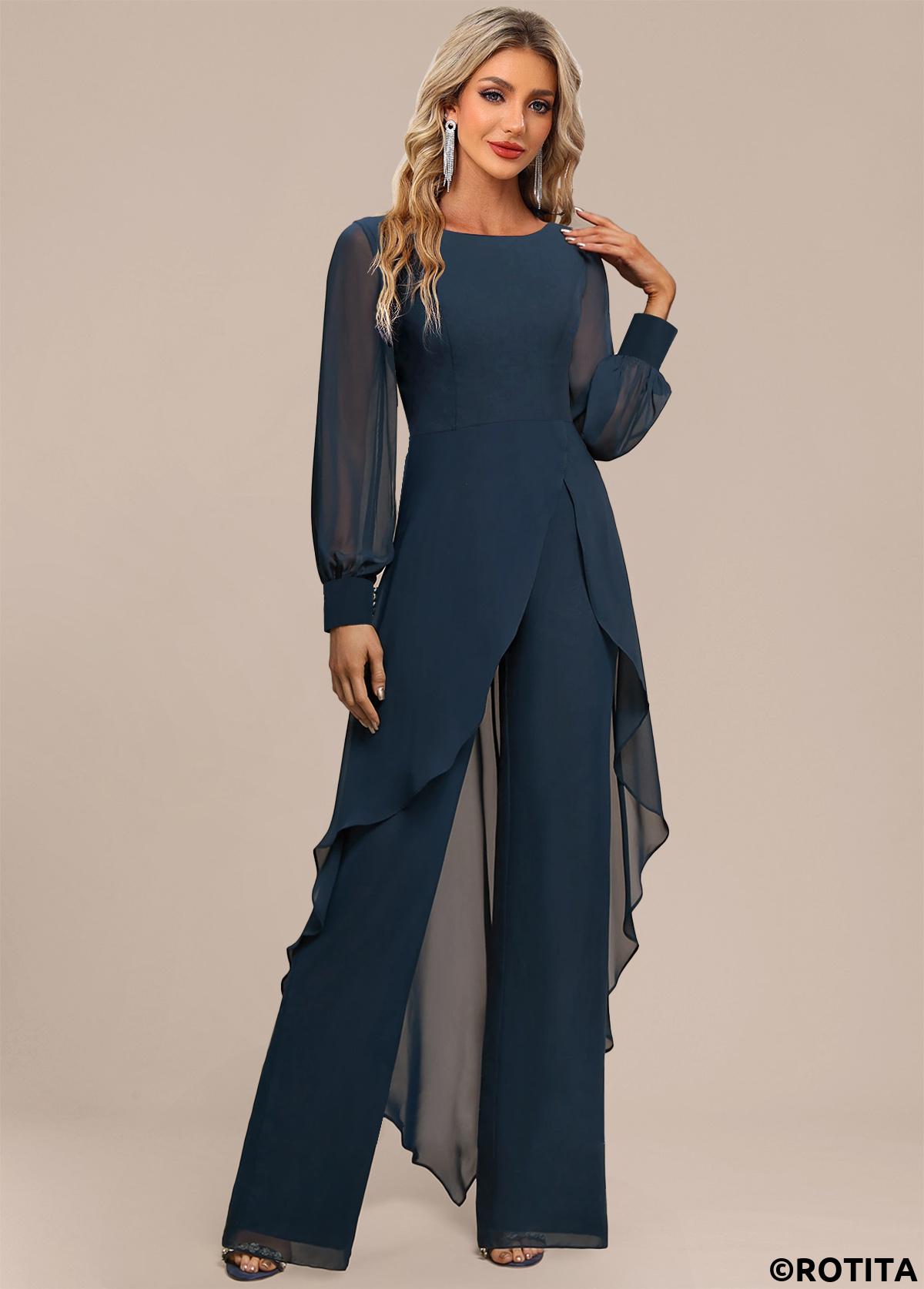 Peacock Blue jumpsuits&rompers,Plain Color jumpsuits&rompers,ROTITA Patchwork Peacock Blue Long Scoop Neck Jumpsuit