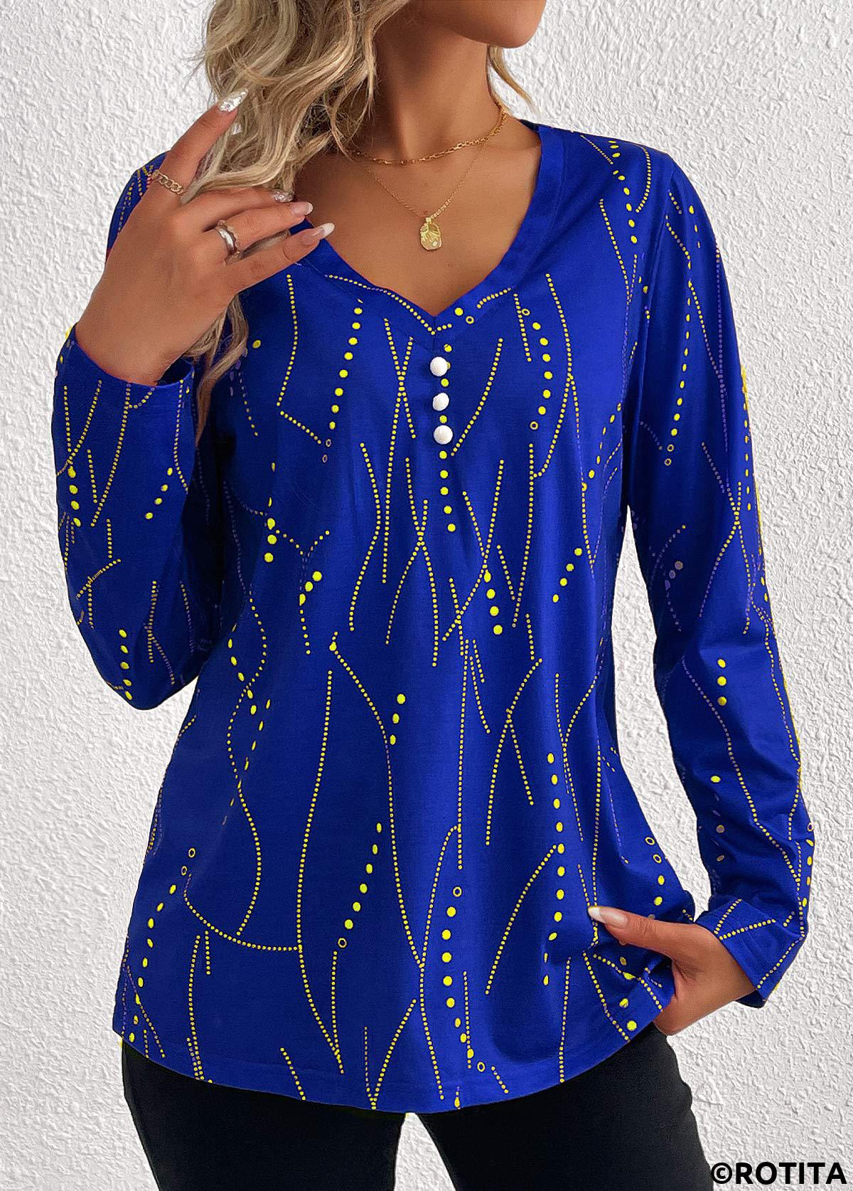 Dark Blue plus size,Geometric plus size,Striped plus size,Dot plus size,ROTITA Plus Size Button Dark Blue Geometric Print T Shirt