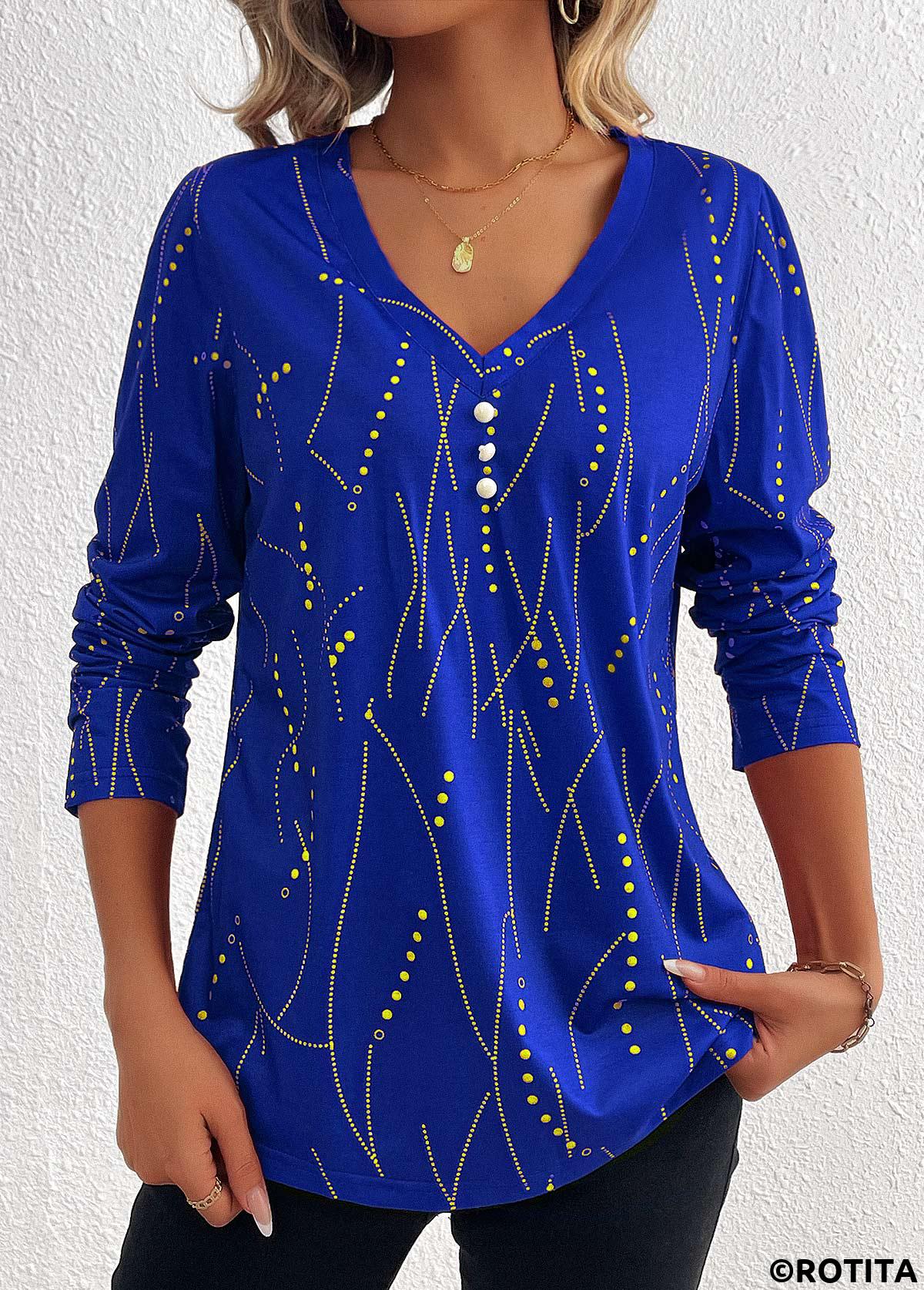 Dark Blue plus size,Geometric plus size,Striped plus size,Dot plus size,ROTITA Plus Size Button Dark Blue Geometric Print T Shirt