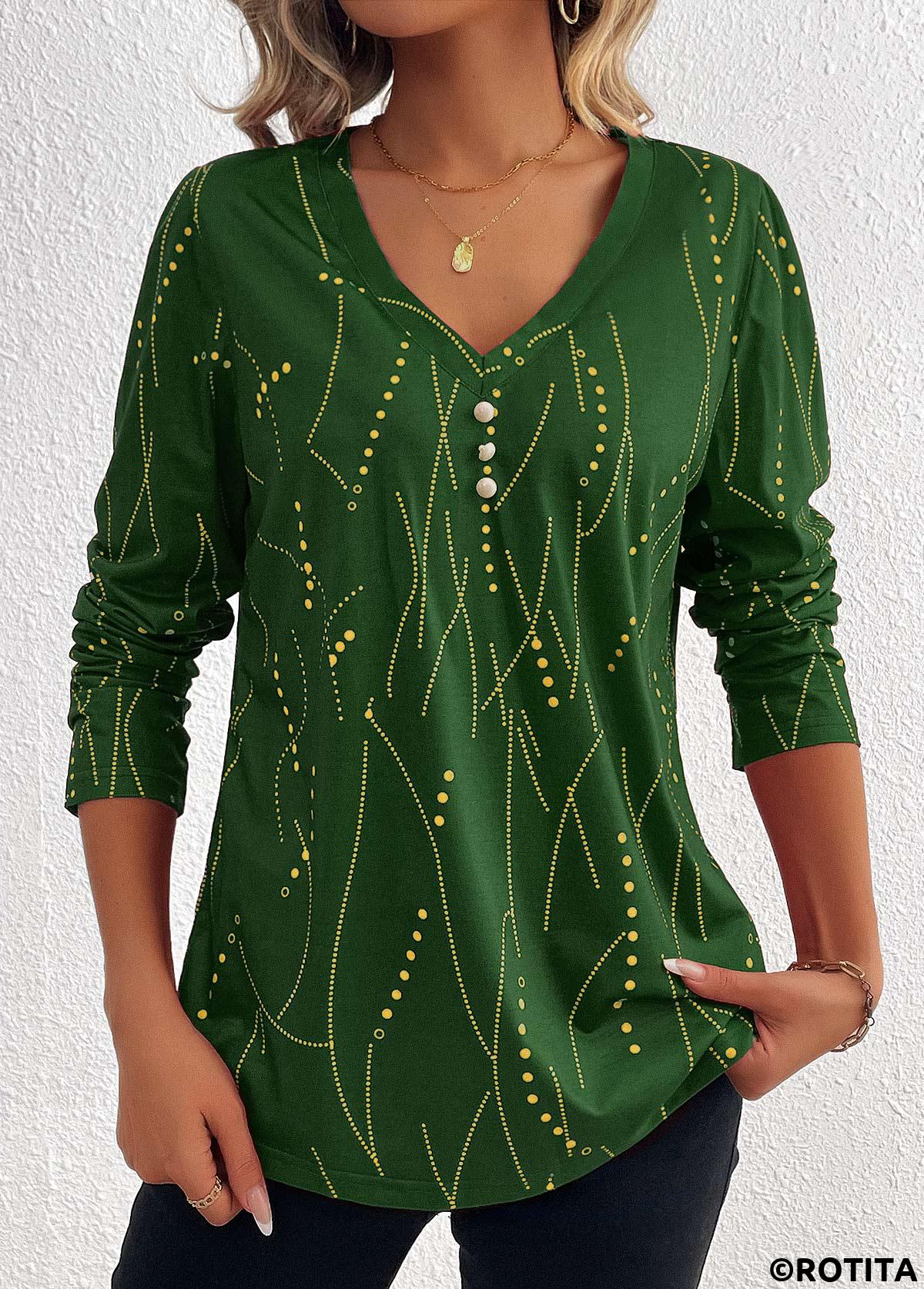 Green plus size,Geometric plus size,Striped plus size,Dot plus size,ROTITA Plus Size Button Green Geometric Print T Shirt