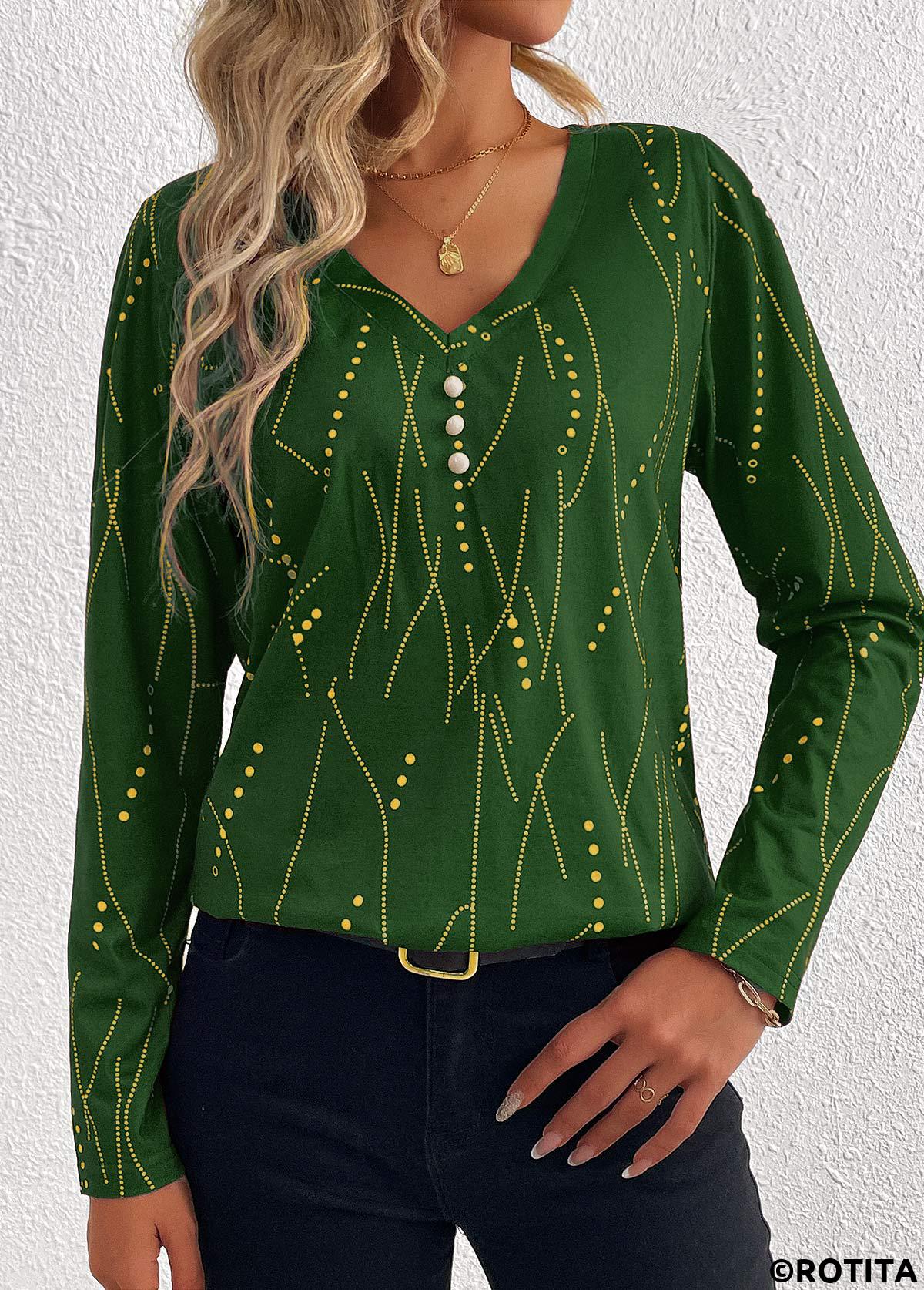 Green plus size,Geometric plus size,Striped plus size,Dot plus size,ROTITA Plus Size Button Green Geometric Print T Shirt