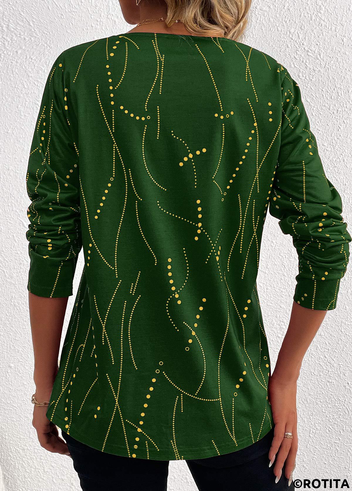 Green plus size,Geometric plus size,Striped plus size,Dot plus size,ROTITA Plus Size Button Green Geometric Print T Shirt