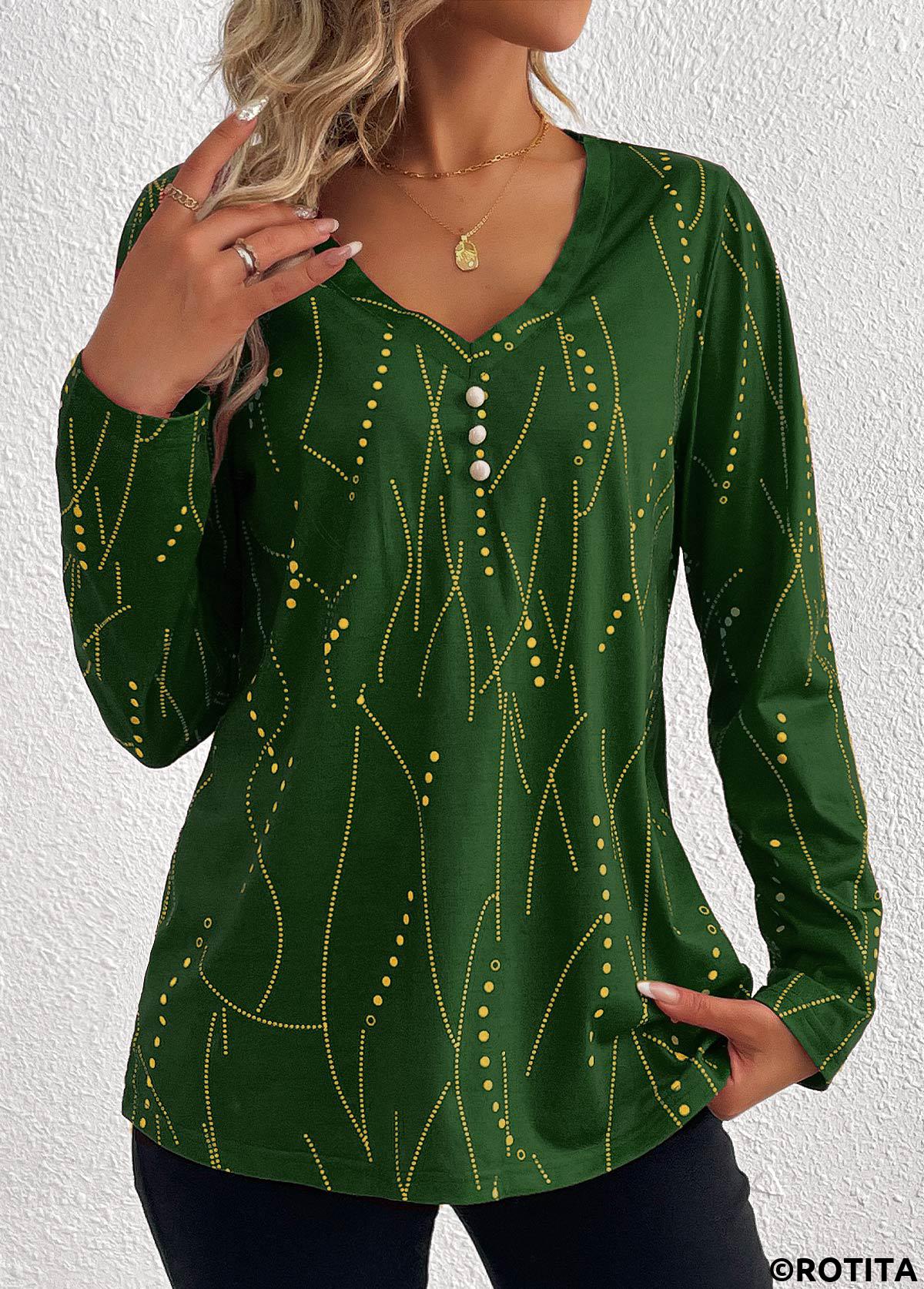 Green plus size,Geometric plus size,Striped plus size,Dot plus size,ROTITA Plus Size Button Green Geometric Print T Shirt