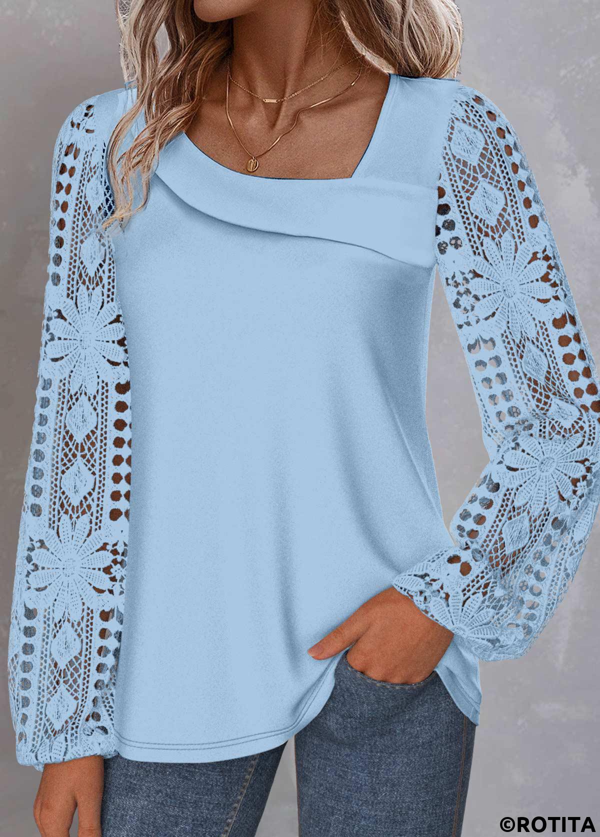 Light Blue tops,Plain Color tops,ROTITA Lace Light Blue Asymmetrical Neck Long Sleeve Blouse