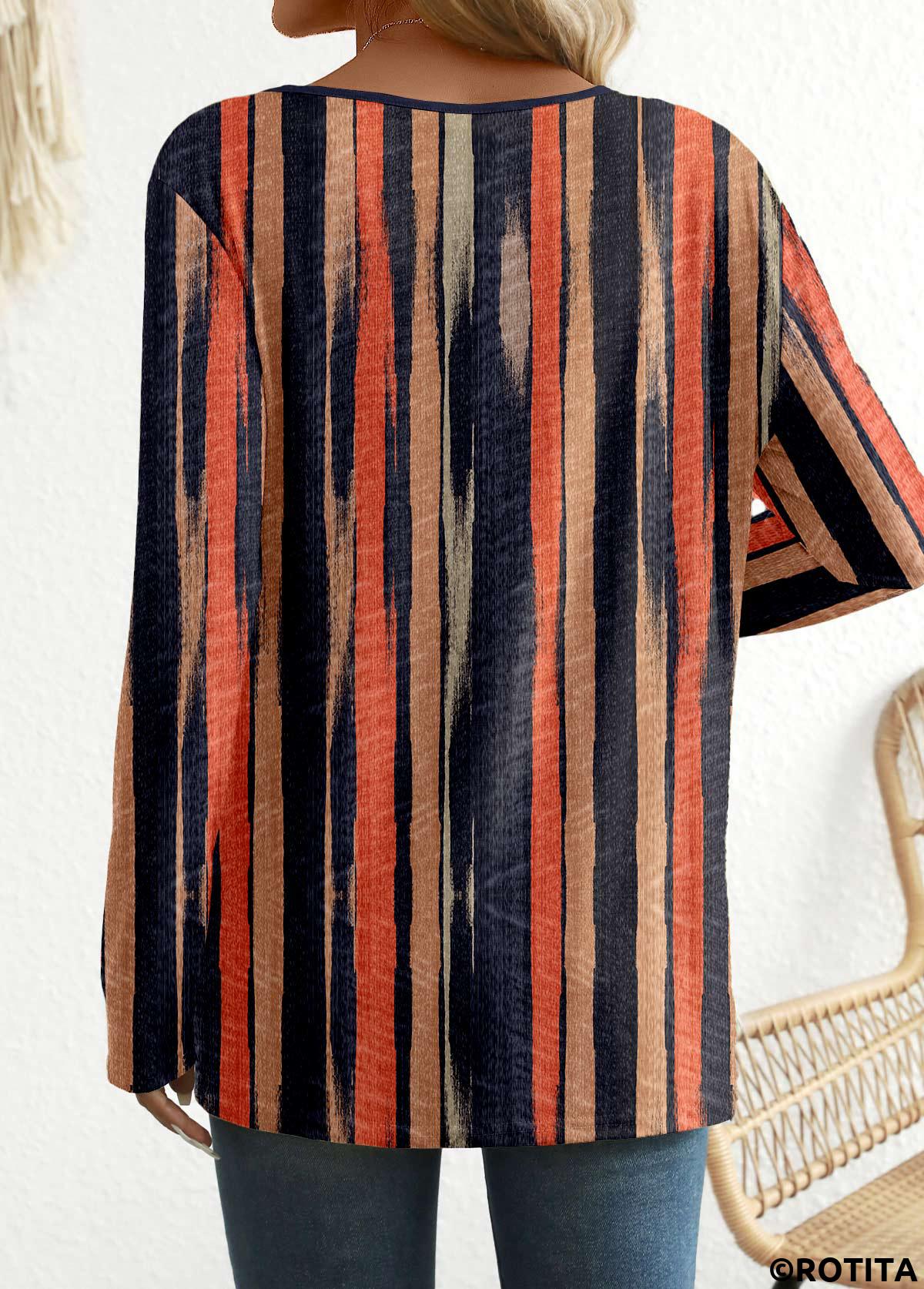 Multi Color tops,Striped tops,Geometric tops,ROTITA Button Multi Stripe Print Round Neck T Shirt