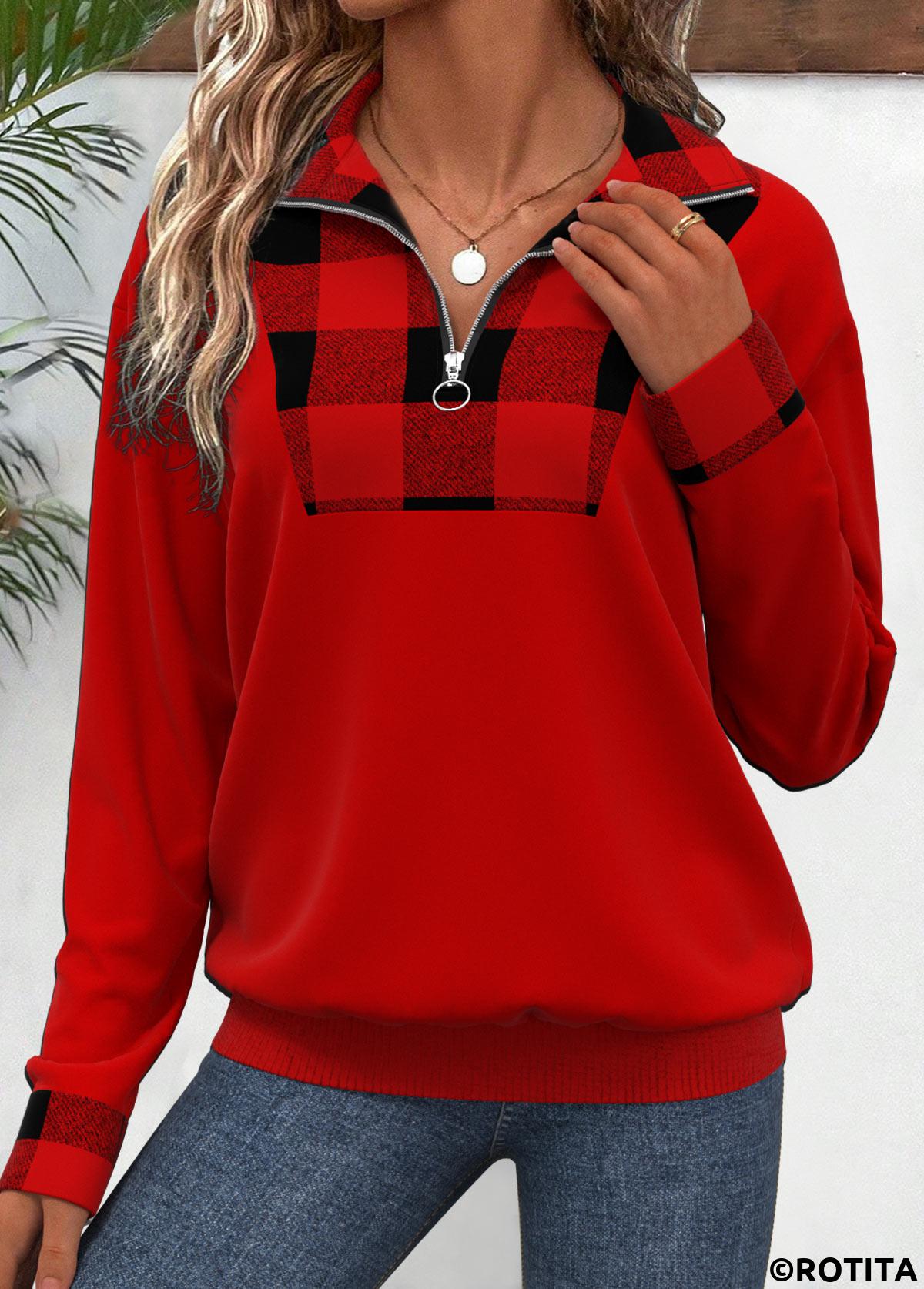 Red tops,Plaid tops,Striped tops,Geometric tops,ROTITA Patchwork Plaid Red Turn Down Collar Long Sleeve Sweatshirt