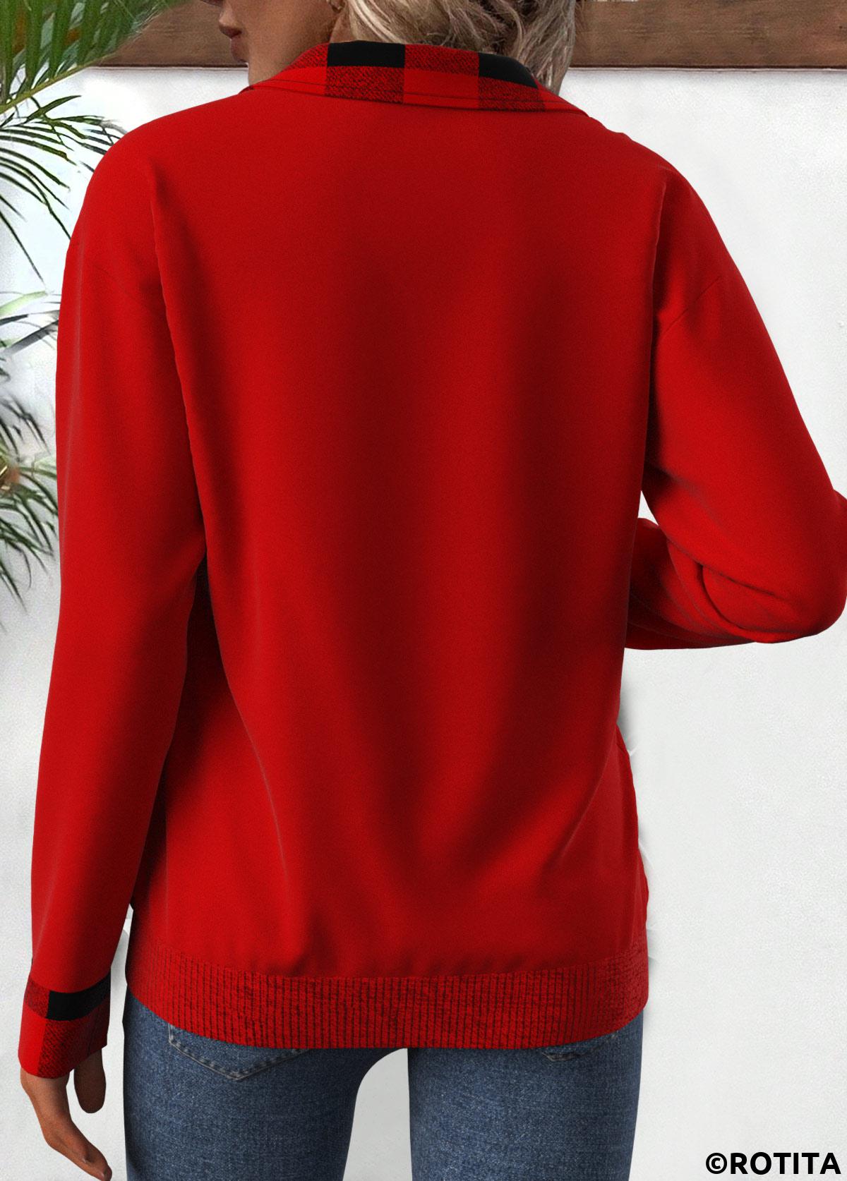 Red tops,Plaid tops,Striped tops,Geometric tops,ROTITA Patchwork Plaid Red Turn Down Collar Long Sleeve Sweatshirt