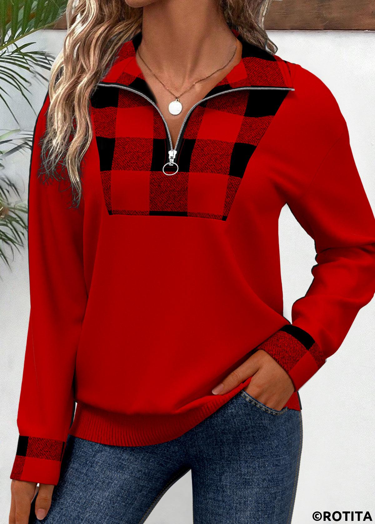 Red tops,Plaid tops,Striped tops,Geometric tops,ROTITA Patchwork Plaid Red Turn Down Collar Long Sleeve Sweatshirt