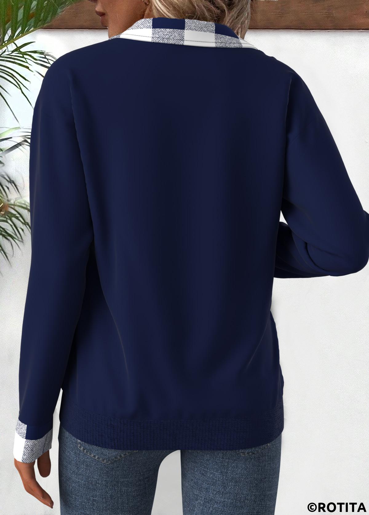 Navy plus size,Plaid plus size,Striped plus size,Geometric plus size,ROTITA Plus Size Patchwork Navy Plaid Turn Down Collar Sweatshirt