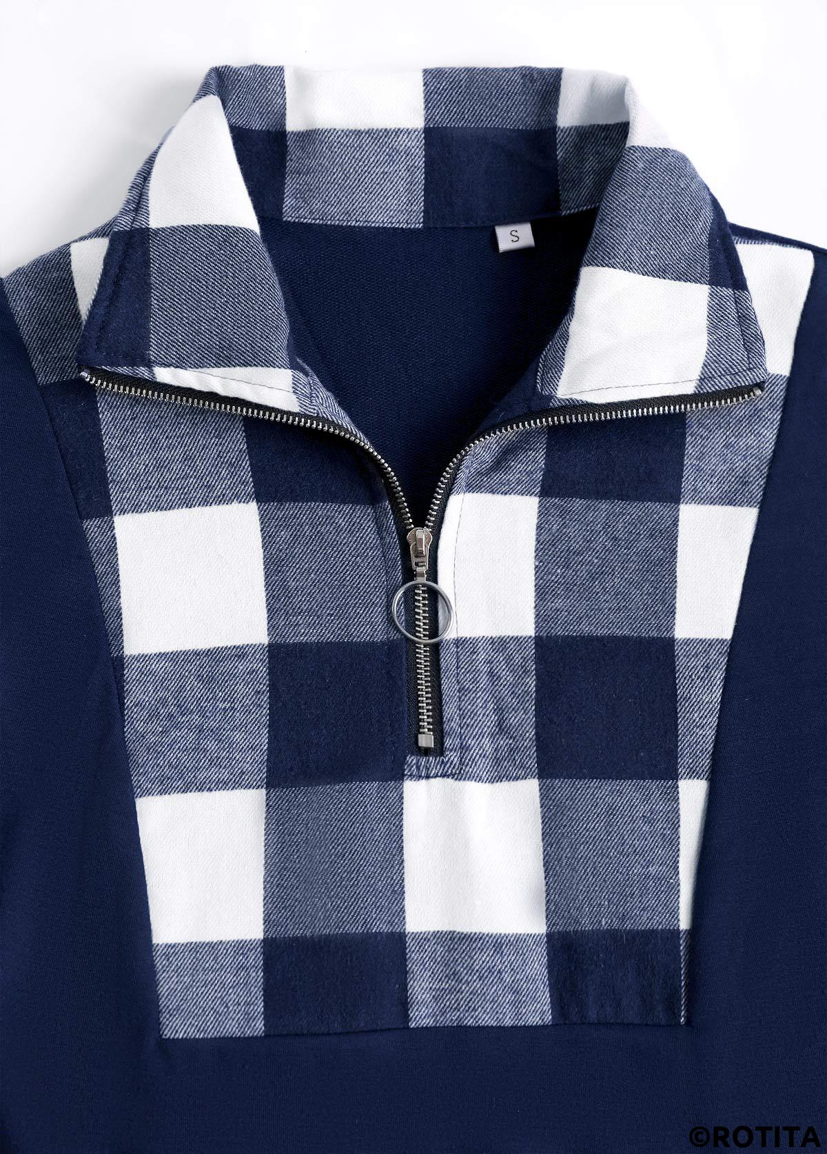 Navy plus size,Plaid plus size,Striped plus size,Geometric plus size,ROTITA Plus Size Patchwork Navy Plaid Turn Down Collar Sweatshirt
