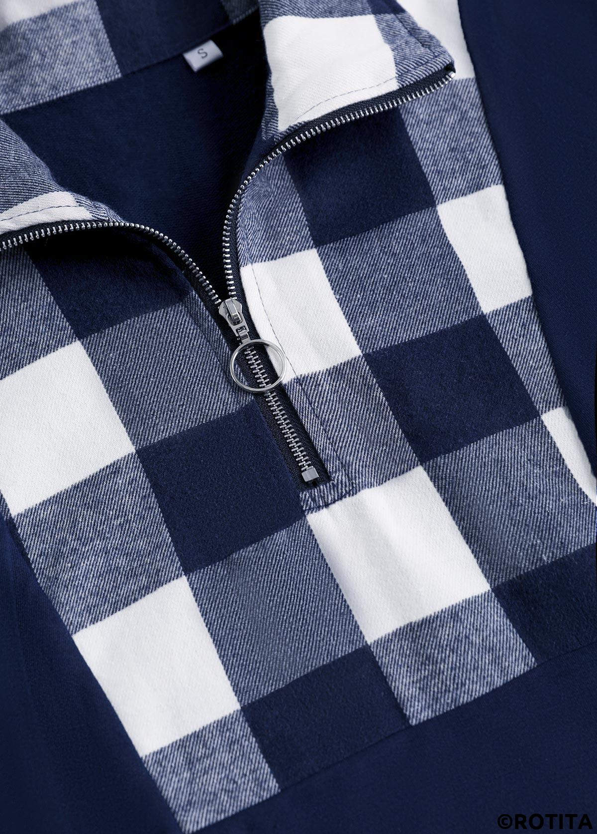 Navy plus size,Plaid plus size,Striped plus size,Geometric plus size,ROTITA Plus Size Patchwork Navy Plaid Turn Down Collar Sweatshirt