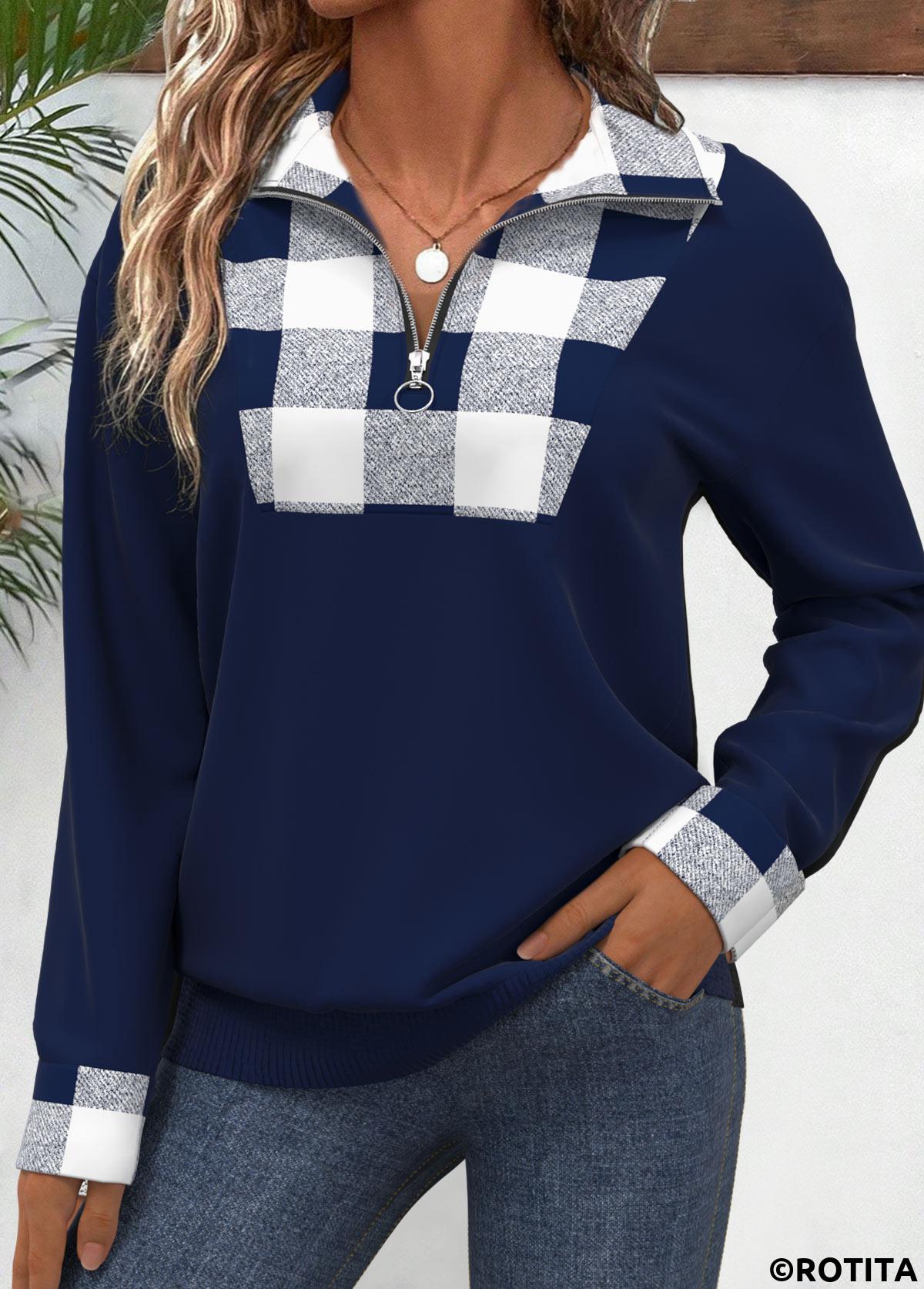 Navy plus size,Plaid plus size,Striped plus size,Geometric plus size,ROTITA Plus Size Patchwork Navy Plaid Turn Down Collar Sweatshirt