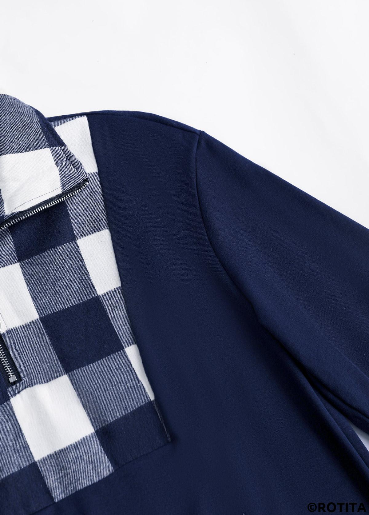 Navy plus size,Plaid plus size,Striped plus size,Geometric plus size,ROTITA Plus Size Patchwork Navy Plaid Turn Down Collar Sweatshirt