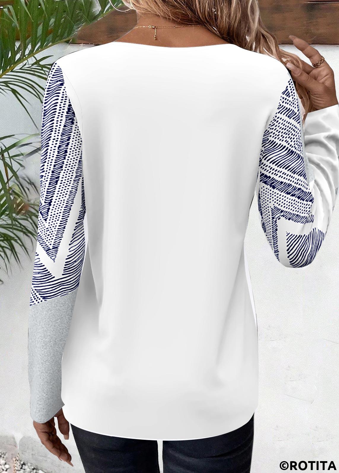 White tops,Geometric tops,Chevron tops,Striped tops,ROTITA Patchwork Geometric Print White Boat Neck T Shirt