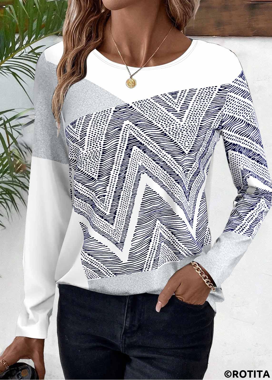 White tops,Geometric tops,Chevron tops,Striped tops,ROTITA Patchwork Geometric Print White Boat Neck T Shirt
