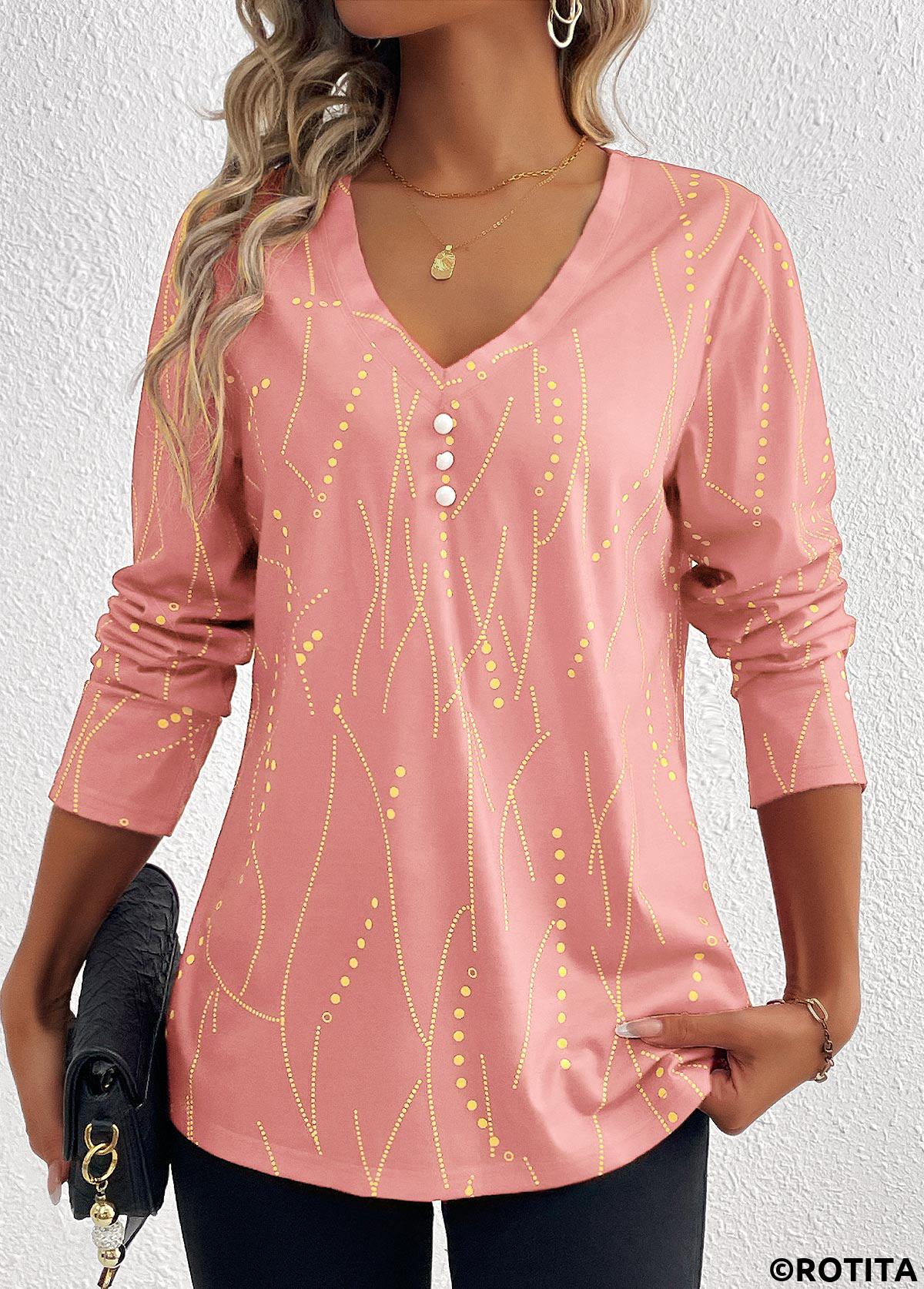 Dusty Pink tops,Geometric tops,Dot tops,Striped tops,ROTITA Button Geometric Print Pink V Neck T Shirt