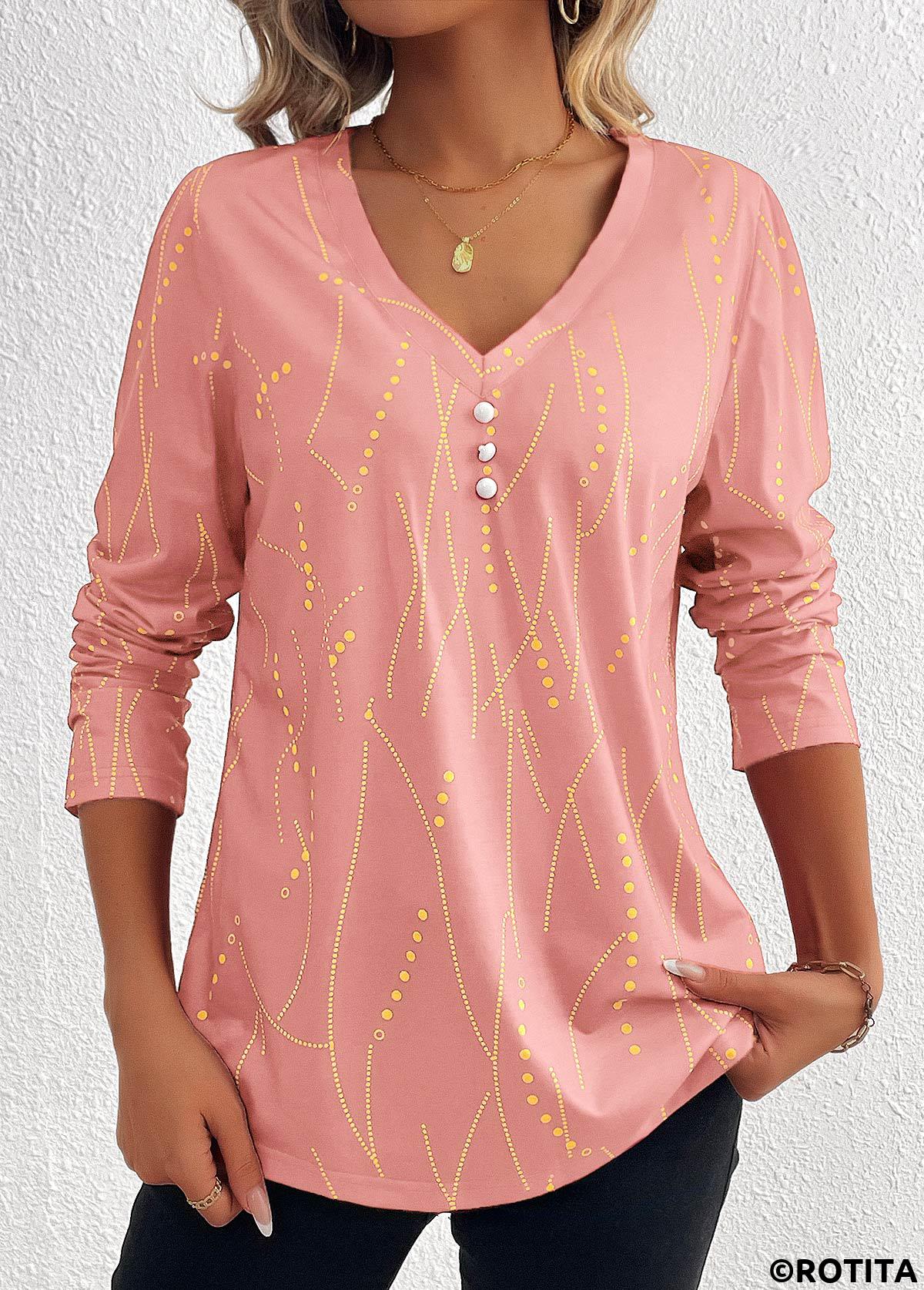 Dusty Pink tops,Geometric tops,Dot tops,Striped tops,ROTITA Button Geometric Print Pink V Neck T Shirt