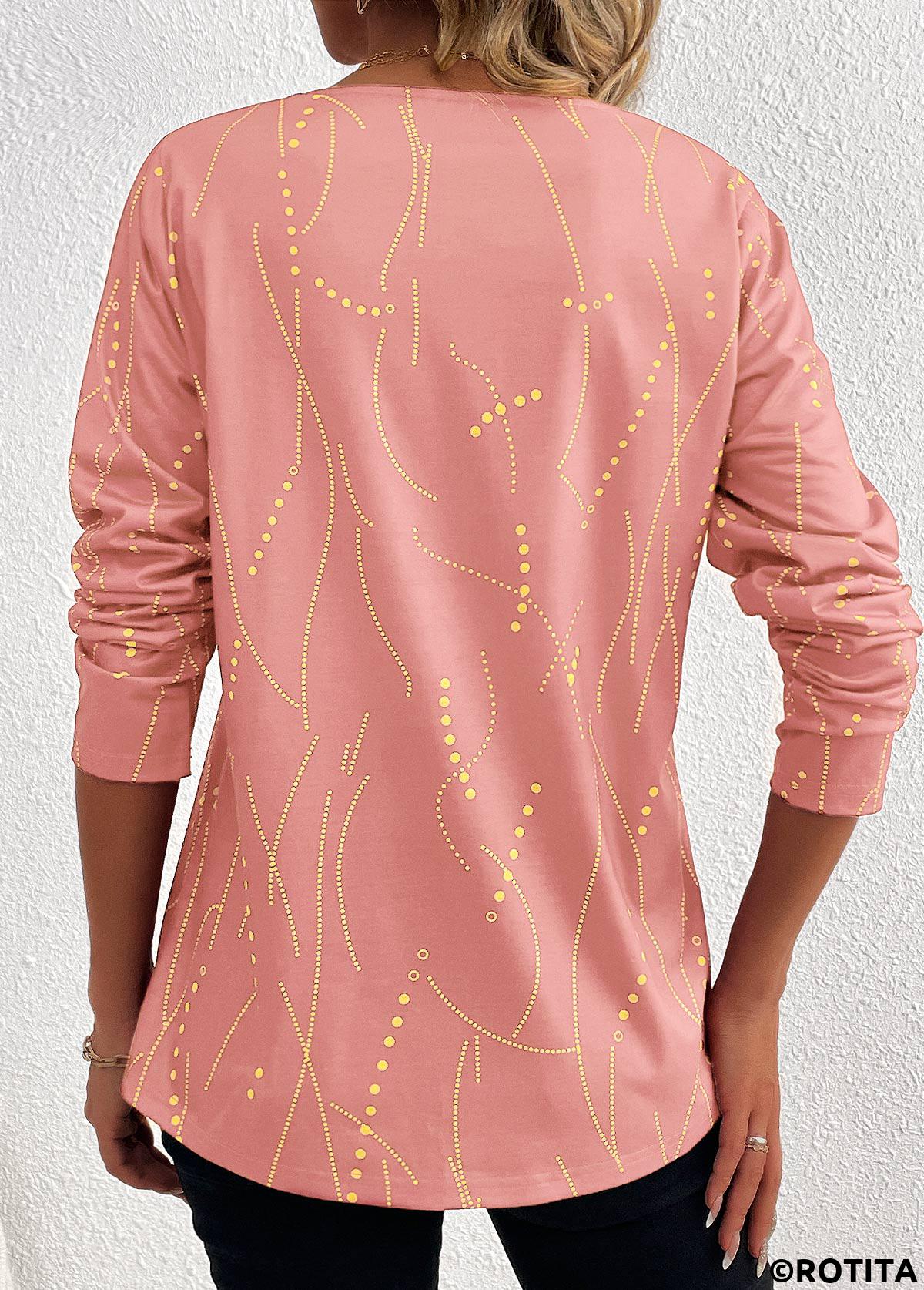 Dusty Pink tops,Geometric tops,Dot tops,Striped tops,ROTITA Button Geometric Print Pink V Neck T Shirt