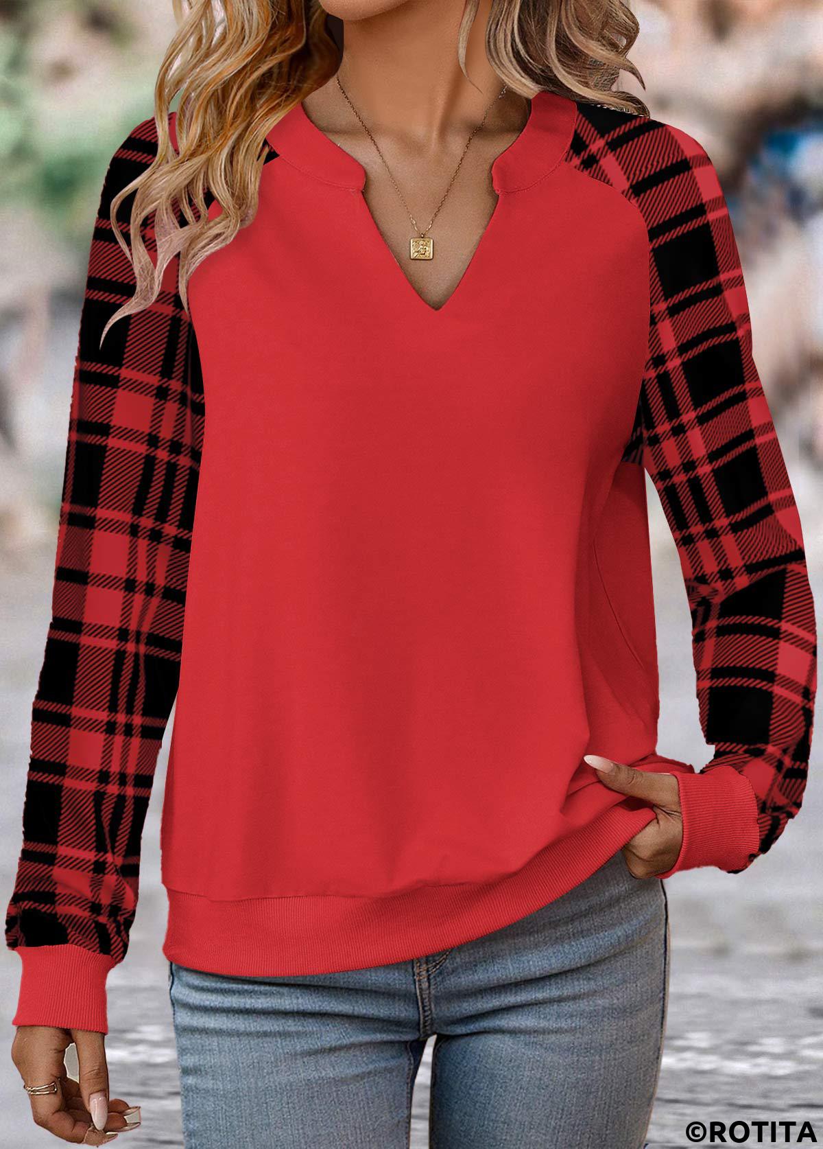 Red tops,Plaid tops,Geometric tops,Striped tops,ROTITA Split Plaid Red Long Sleeve Sweatshirt