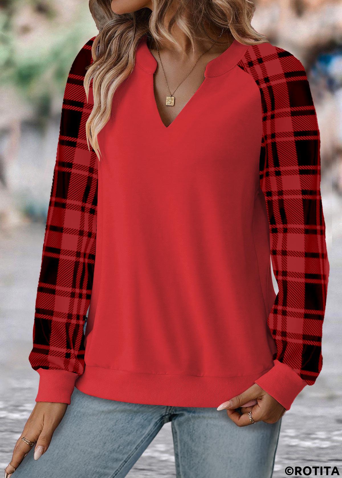 Red tops,Plaid tops,Geometric tops,Striped tops,ROTITA Split Plaid Red Long Sleeve Sweatshirt