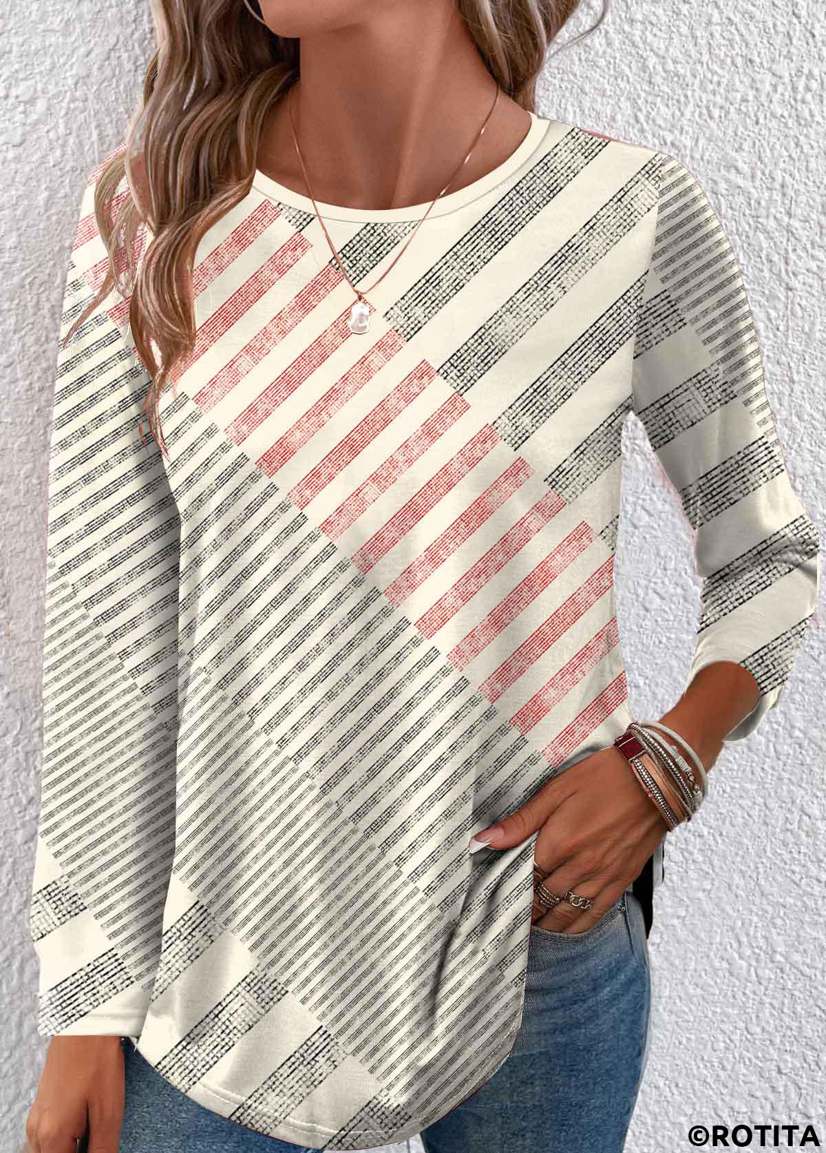 Beige tops,Black tops,Geometric tops,Striped tops,ROTITA Patchwork Geometric Print Beige Round Neck T Shirt