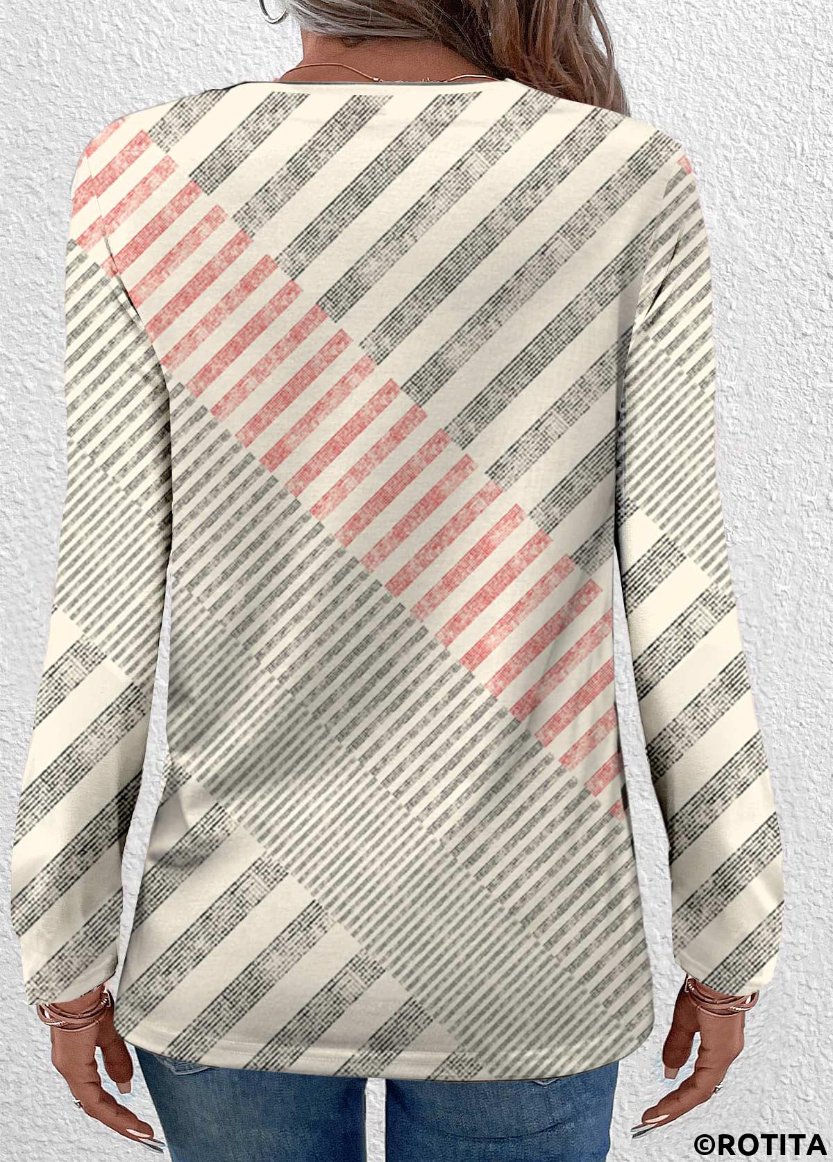 Beige tops,Black tops,Geometric tops,Striped tops,ROTITA Patchwork Geometric Print Beige Round Neck T Shirt