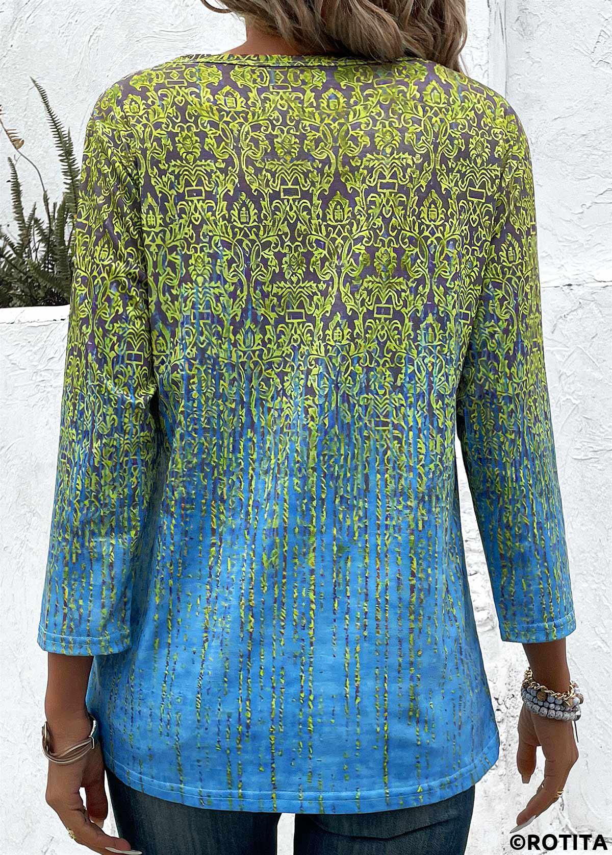 t-shirt à manches 3/4 et col rond bleu ombré avec boutons