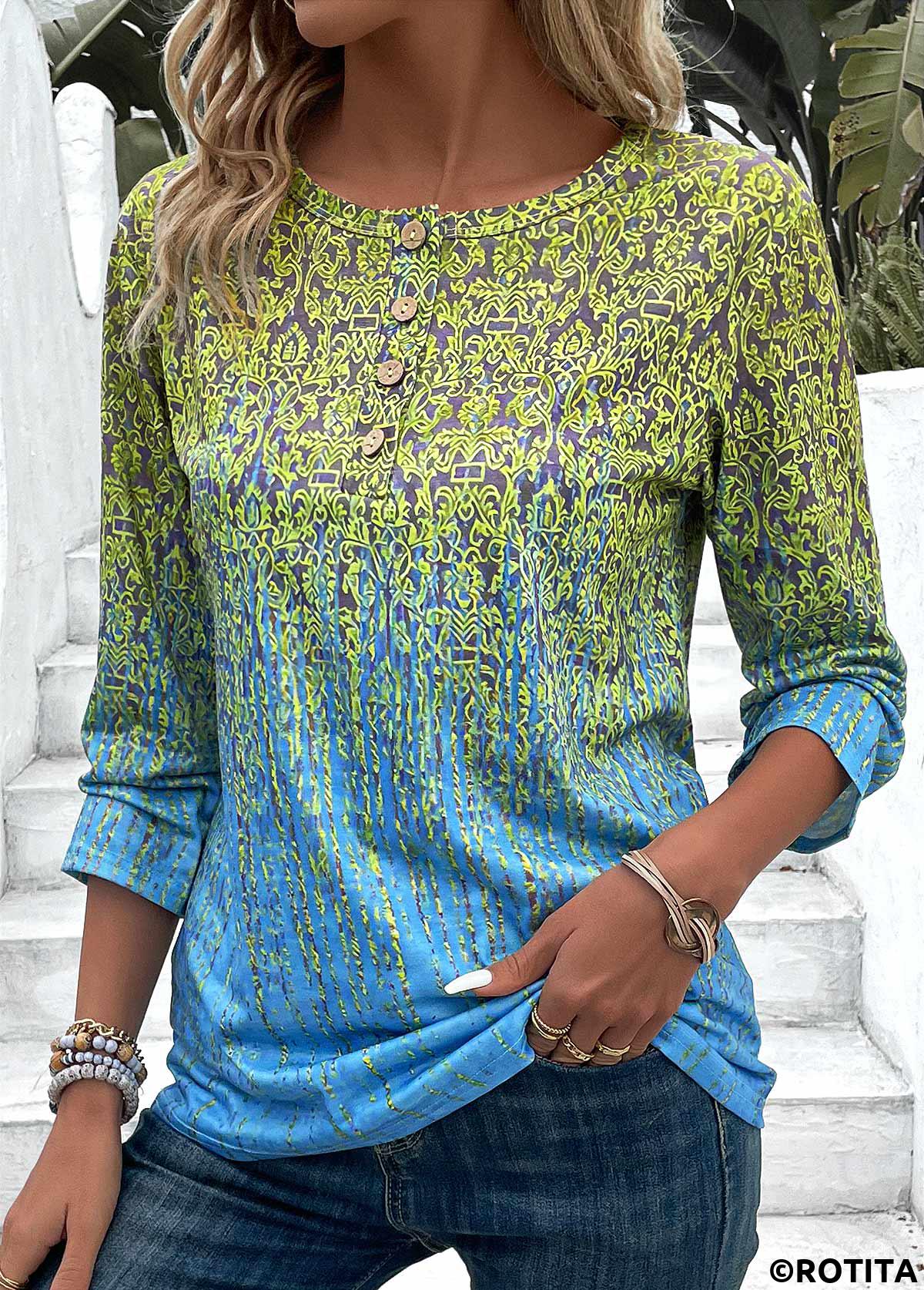 t-shirt à manches 3/4 et col rond bleu ombré avec boutons