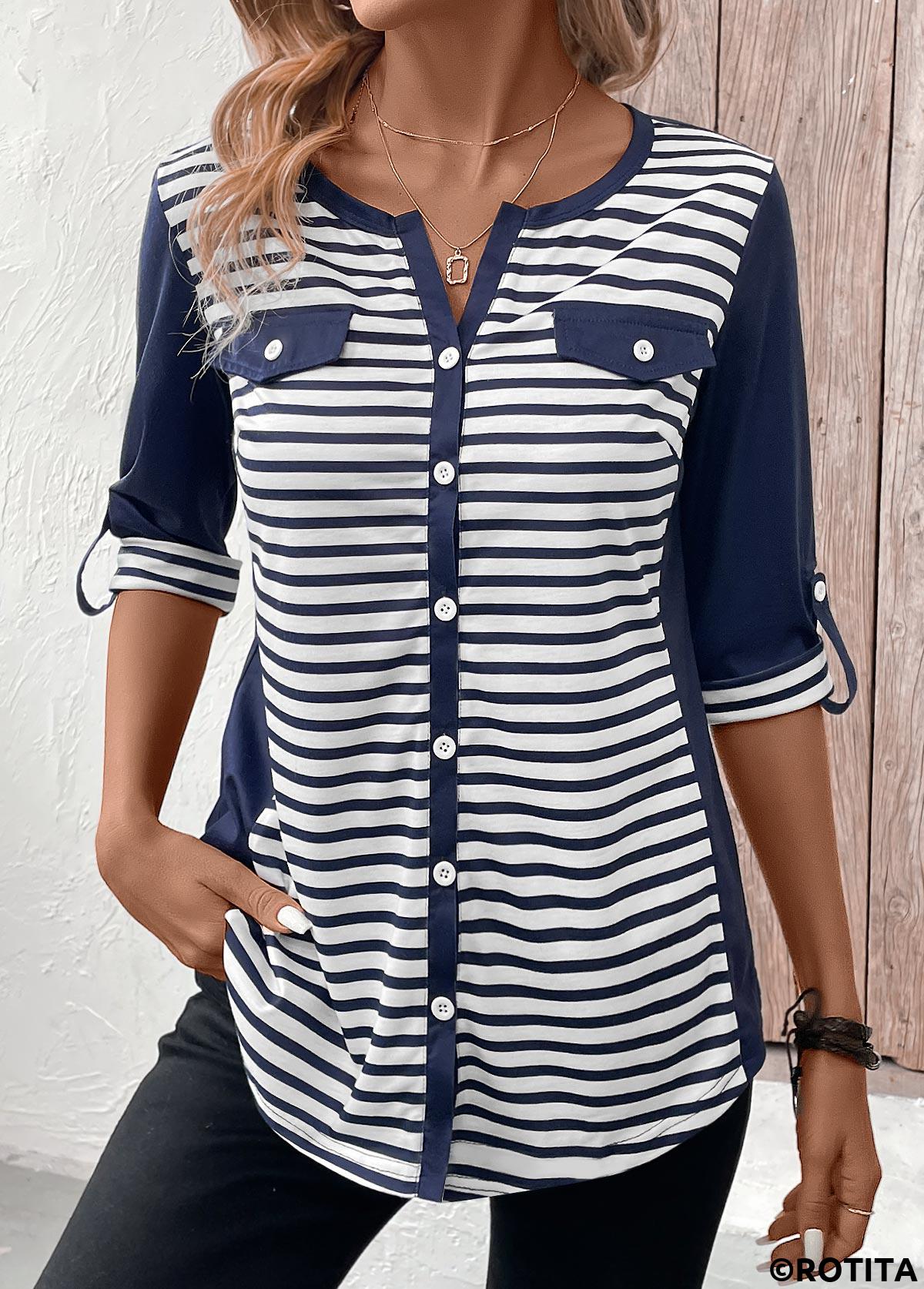 Navy tops,White tops,Striped tops,ROTITA Button Striped Navy Split Neck 3/4 Sleeve T Shirt