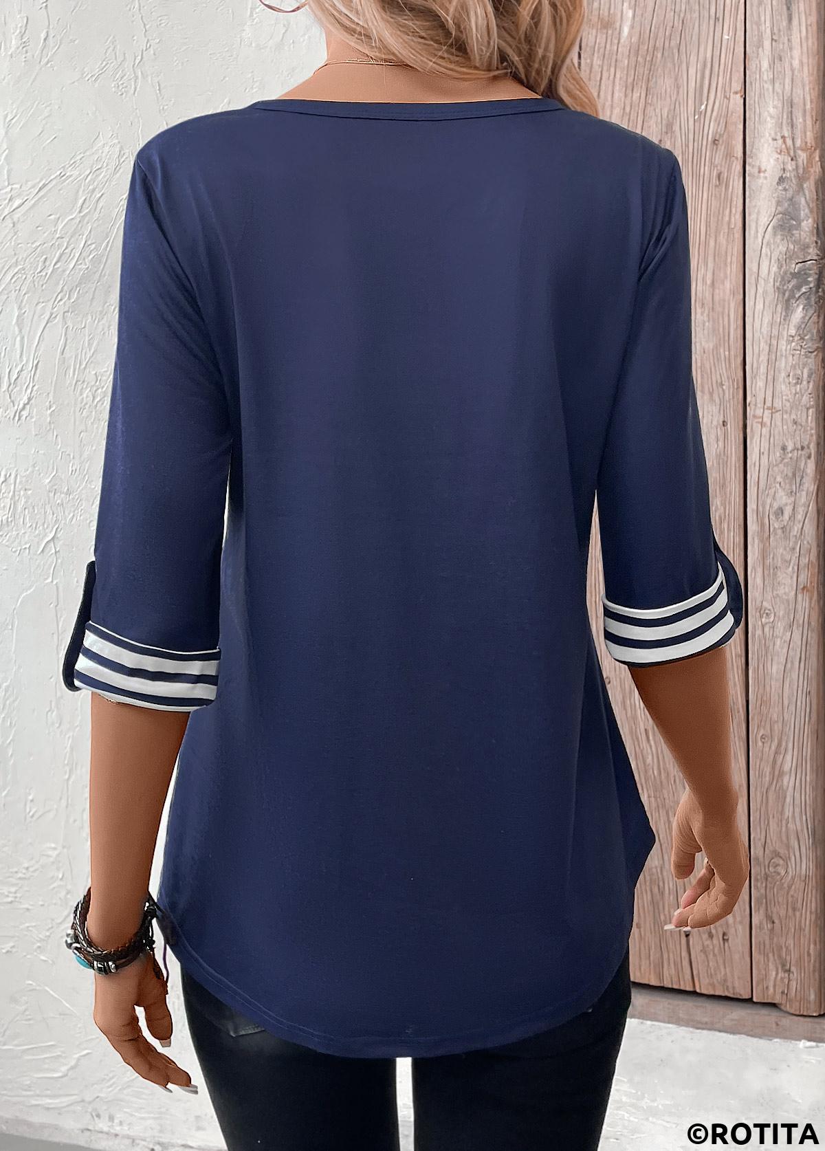 Navy tops,White tops,Striped tops,ROTITA Button Striped Navy Split Neck 3/4 Sleeve T Shirt