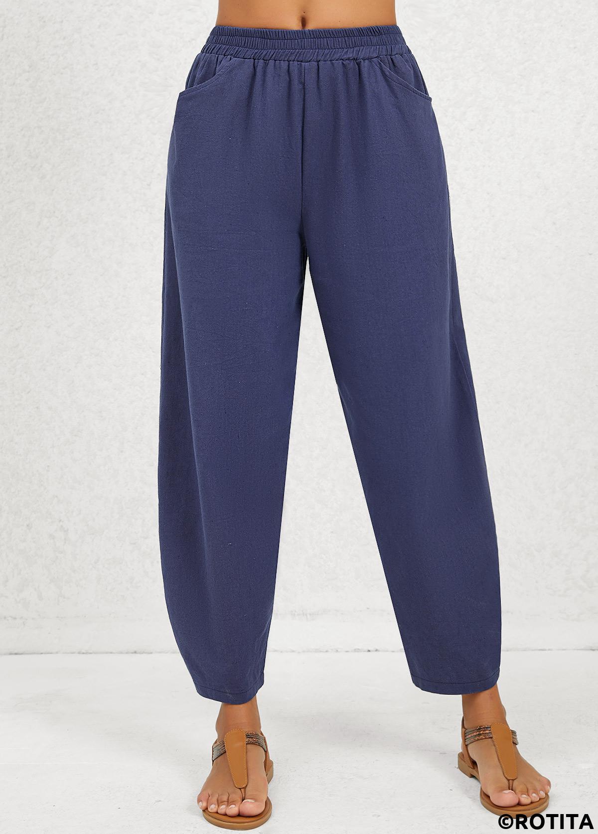 Navy bottoms,Plain Color bottoms,Pocket Regular Elastic Waist Mid Waisted Navy Pants