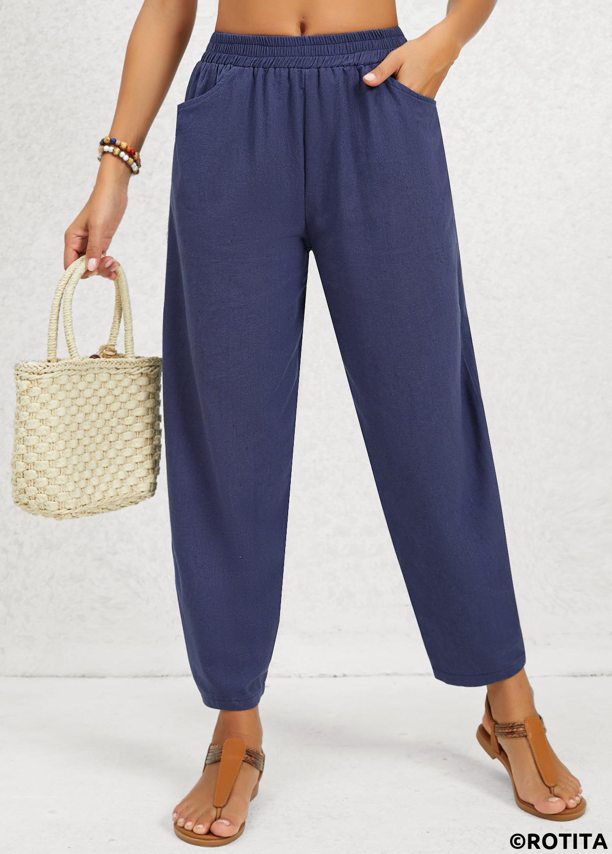Navy bottoms,Plain Color bottoms,Pocket Regular Elastic Waist Mid Waisted Navy Pants