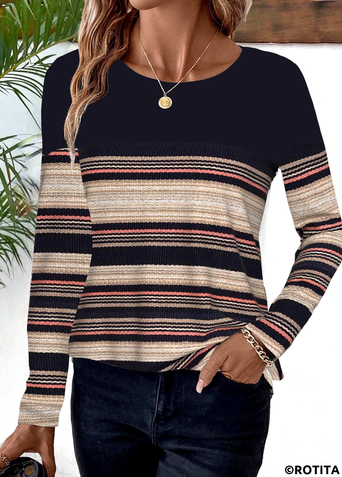 ROTITA Striped Black Round Neck Long Sleeve T Shirt