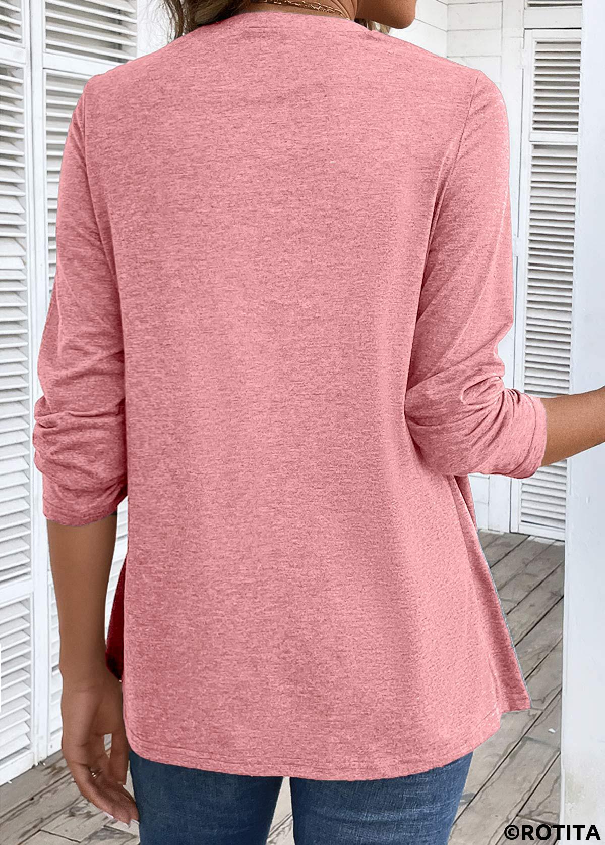 ROTITA Fake 2in1 Pink V Neck Long Sleeve Blouse