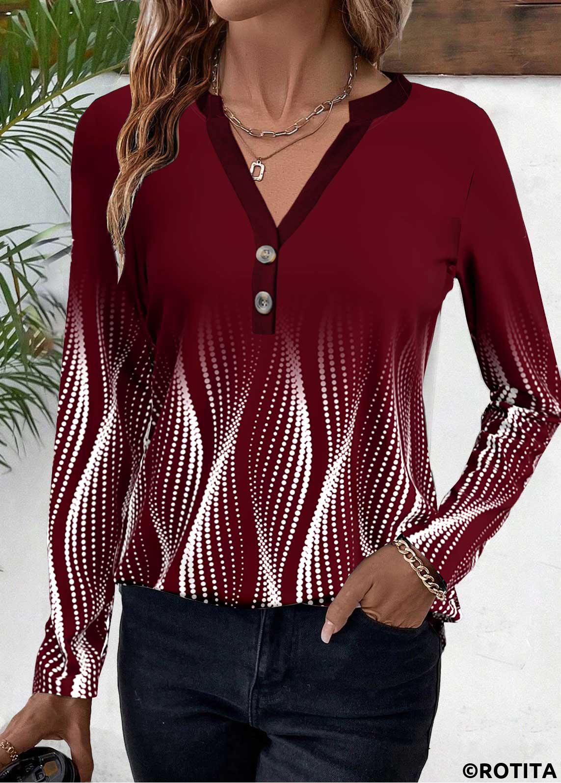 bouton rotita ombre t-shirt à col fendu rouge profond