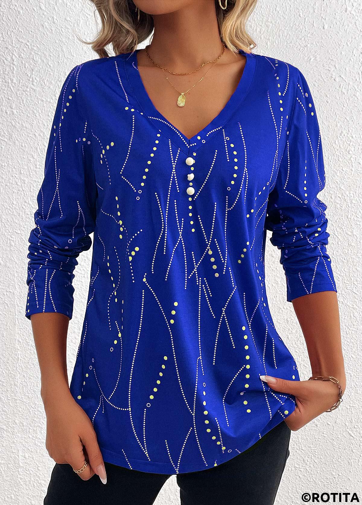 Dark Blue plus size,Geometric plus size,Striped plus size,Dot plus size,ROTITA Plus Size Button Dark Blue Geometric Print T Shirt