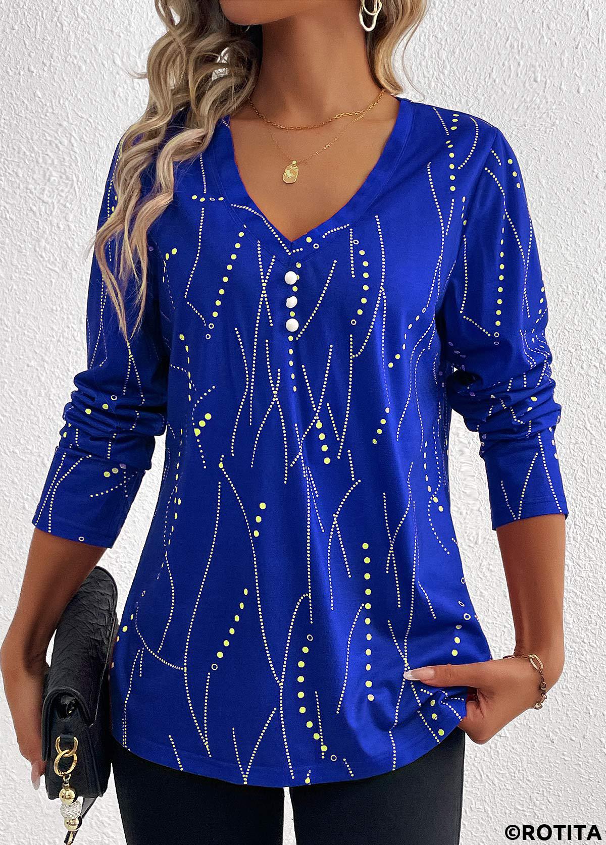 Dark Blue plus size,Geometric plus size,Striped plus size,Dot plus size,ROTITA Plus Size Button Dark Blue Geometric Print T Shirt