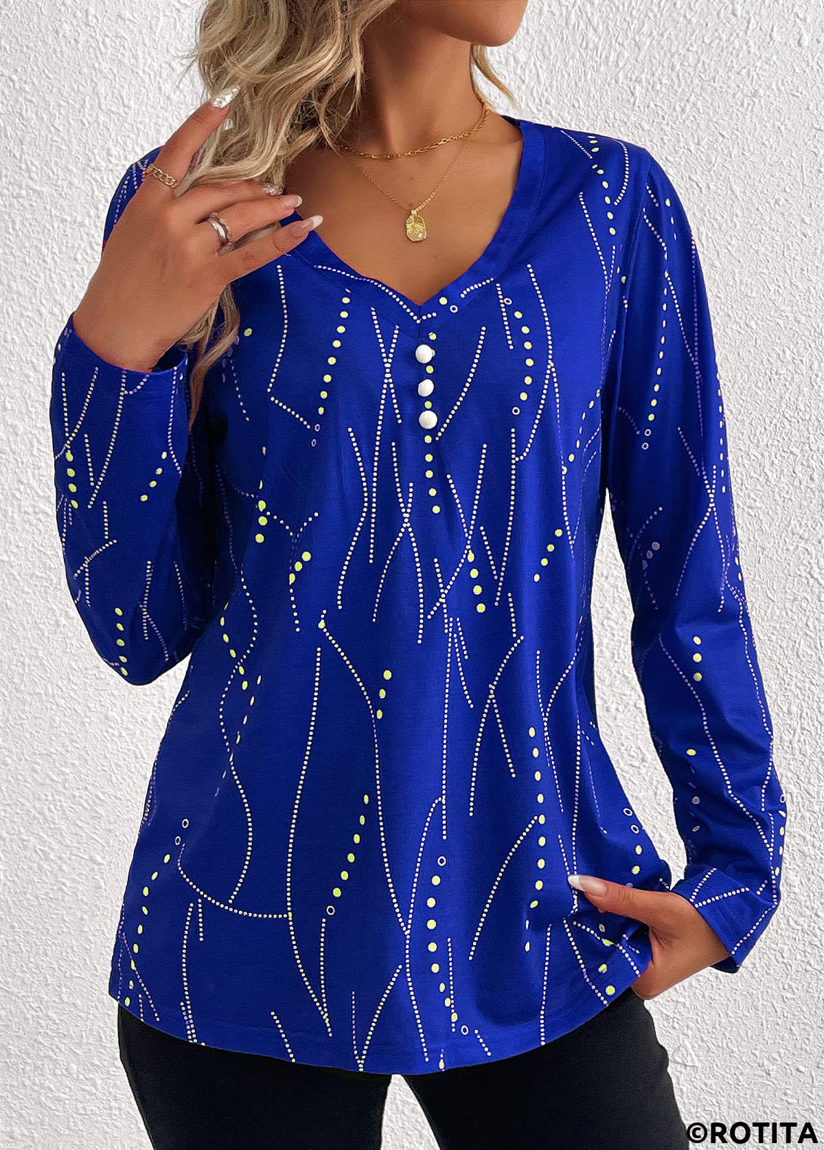 Dark Blue plus size,Geometric plus size,Striped plus size,Dot plus size,ROTITA Plus Size Button Dark Blue Geometric Print T Shirt