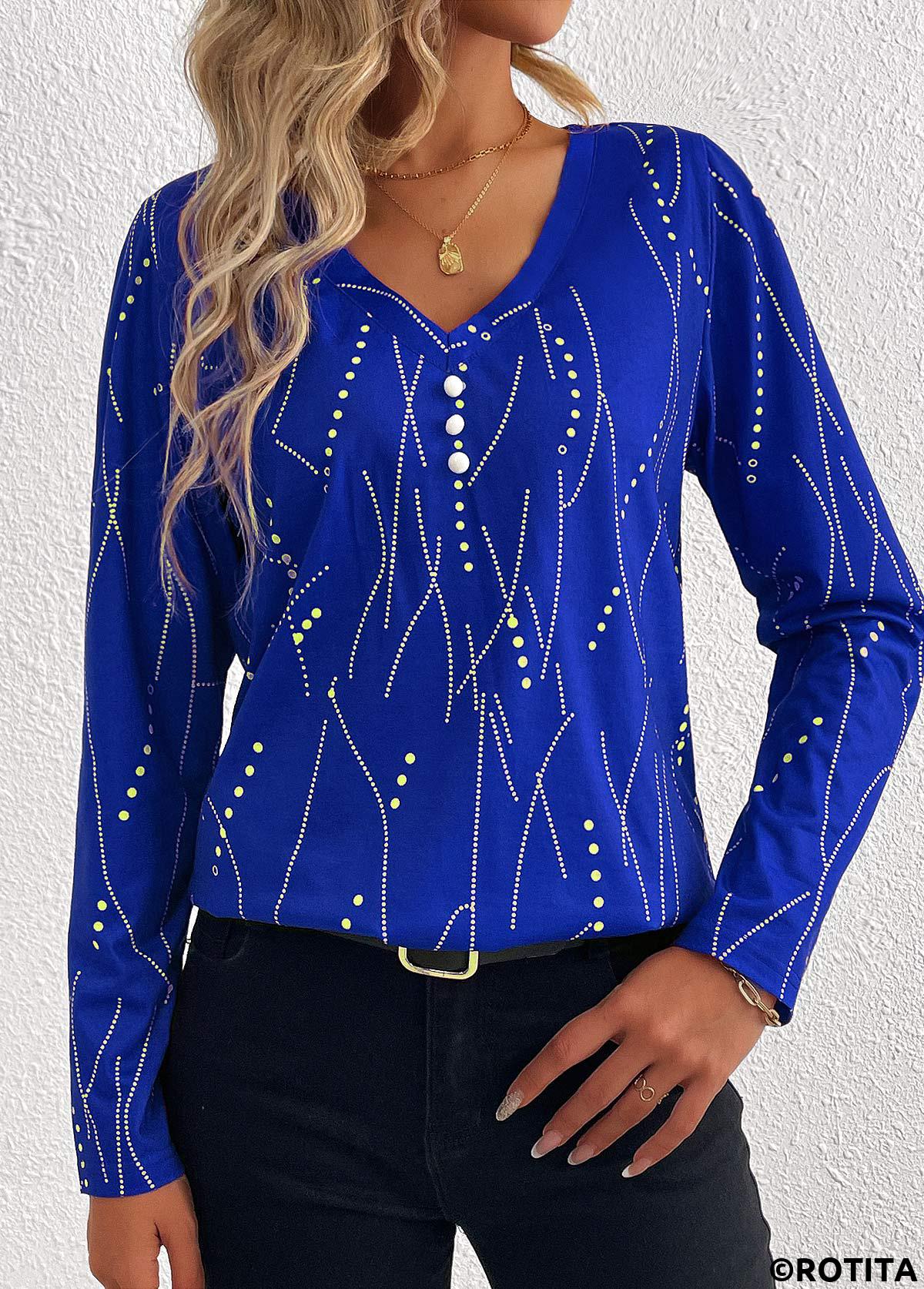 Dark Blue plus size,Geometric plus size,Striped plus size,Dot plus size,ROTITA Plus Size Button Dark Blue Geometric Print T Shirt
