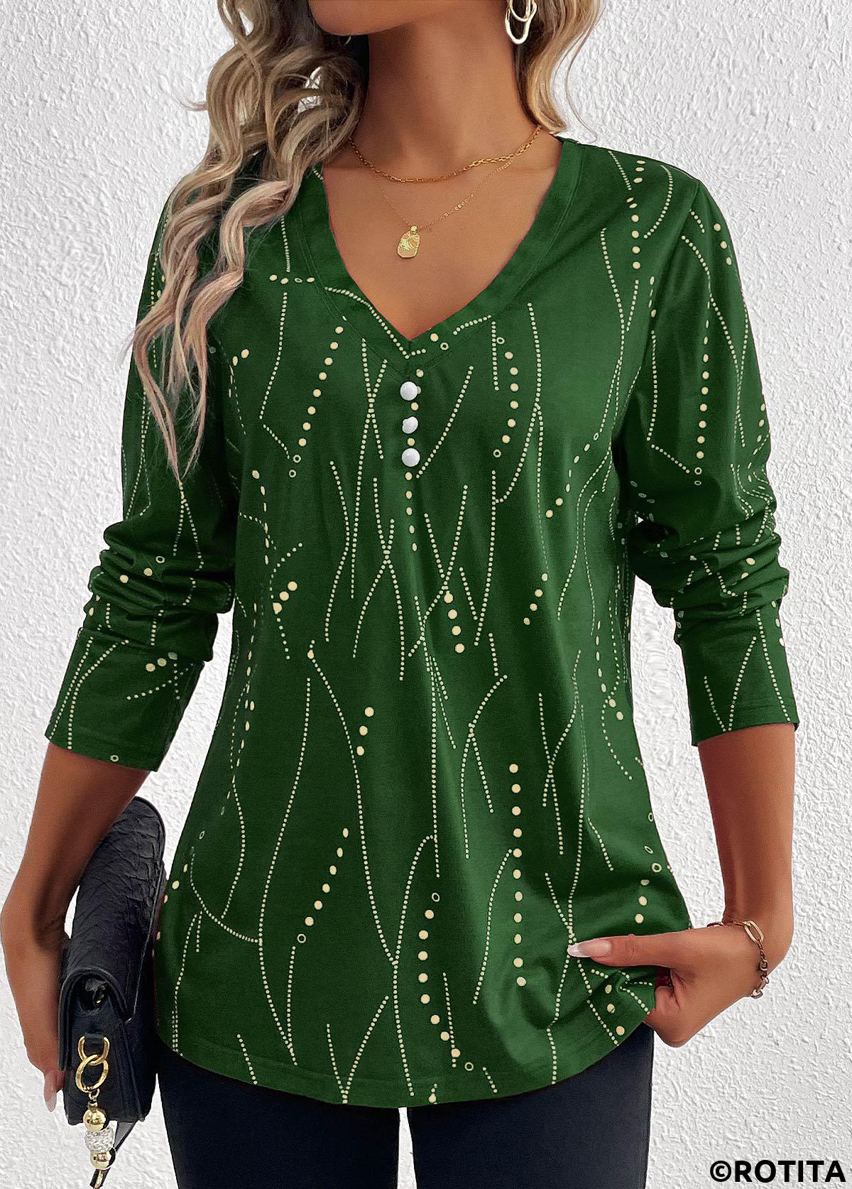 Green tops,Geometric tops,Striped tops,Dot tops,ROTITA Button Geometric Print Green V Neck T Shirt